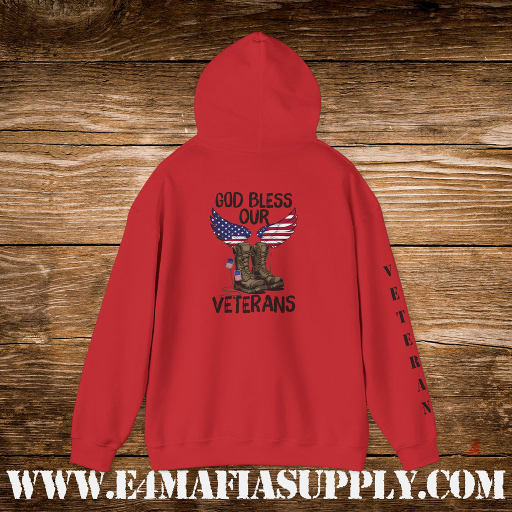 “God Bless Our Veterans” American Flag Boots Patriotic Veteran Sleeve Hoodie
