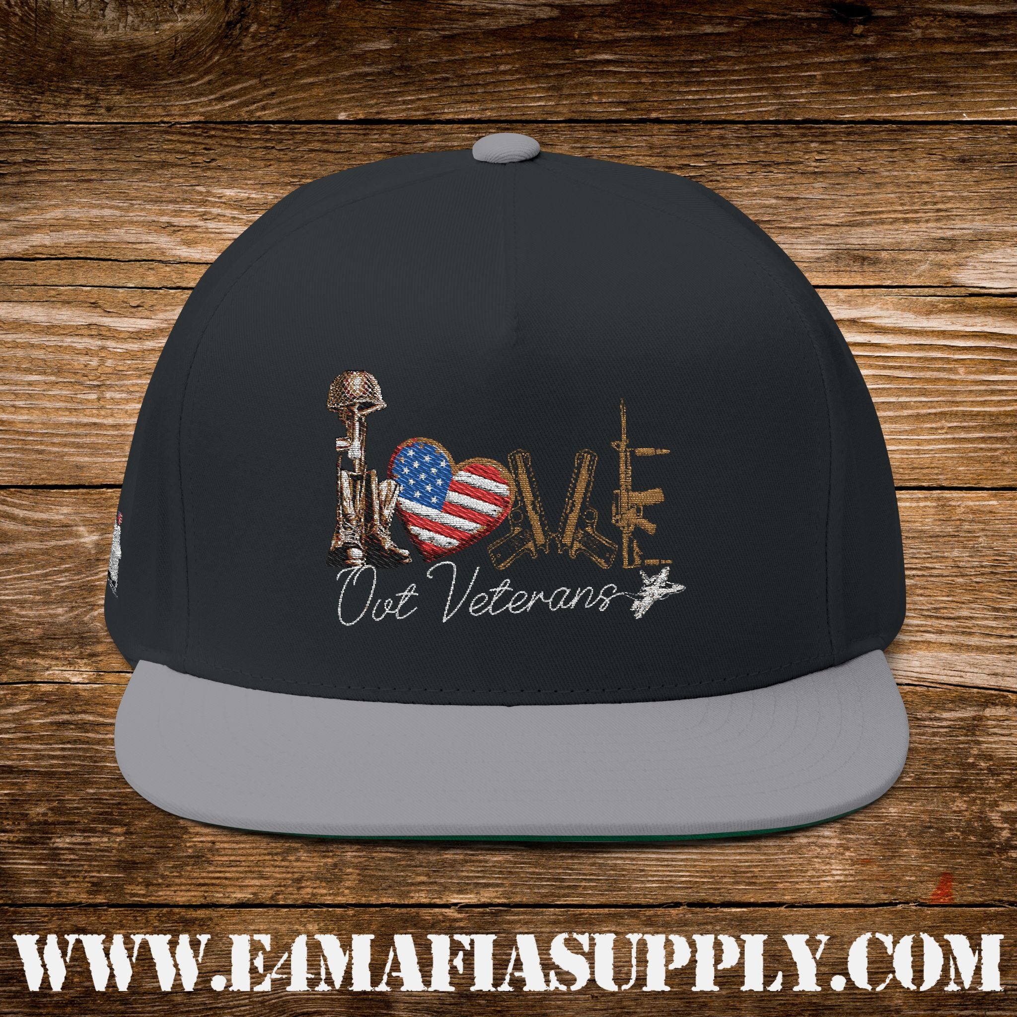Patriotic “Love Our Veterans” Flat Bill Cap with American Flag Heart Design