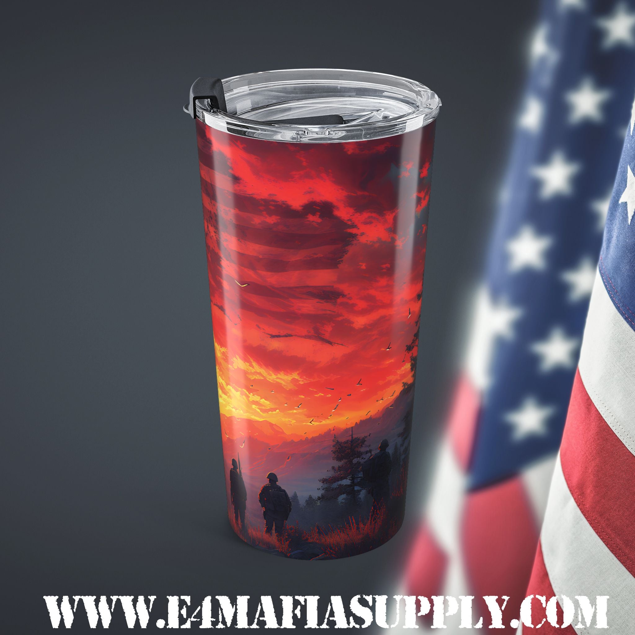 Brothers in Arms — Patriotic Sunset Tumbler Honoring America’s Finest