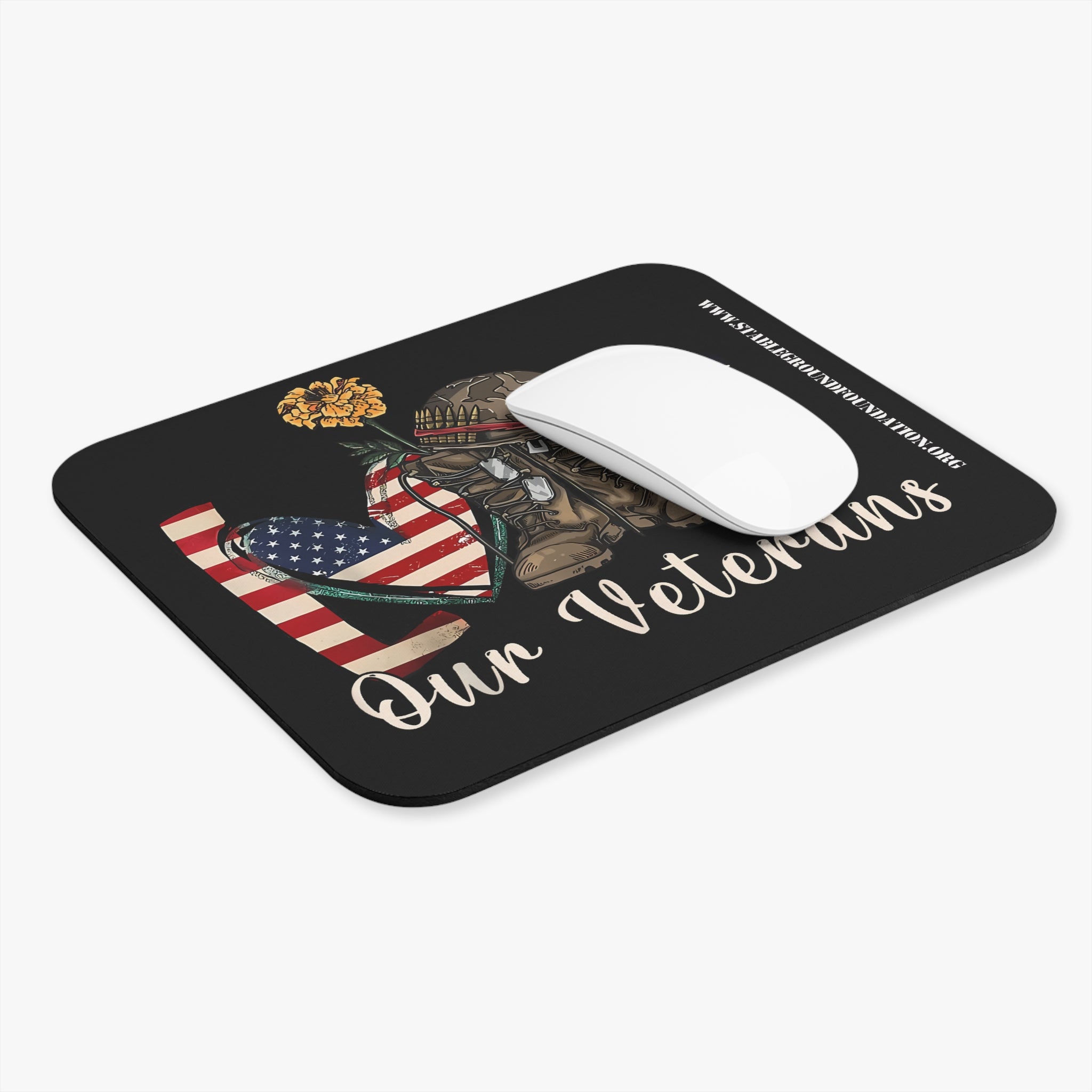 Love Our Veterans – Sunflower, Boots & Flag Heart Mouse Pad