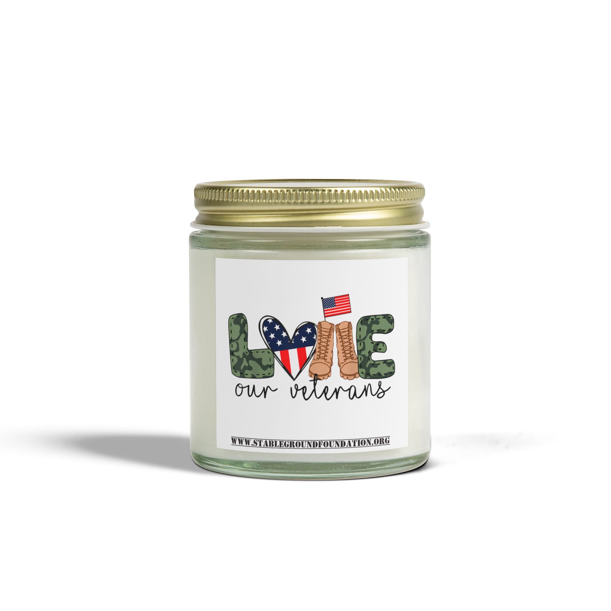 Love Our Veterans Candle – Patriotic Flag Heart and Camo Boots Tribute Candle