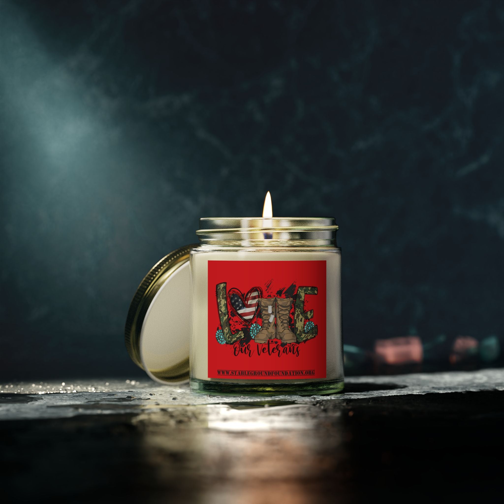 Love Our Veterans Candle – Red Military Boots Candle Supporting Our Heroes