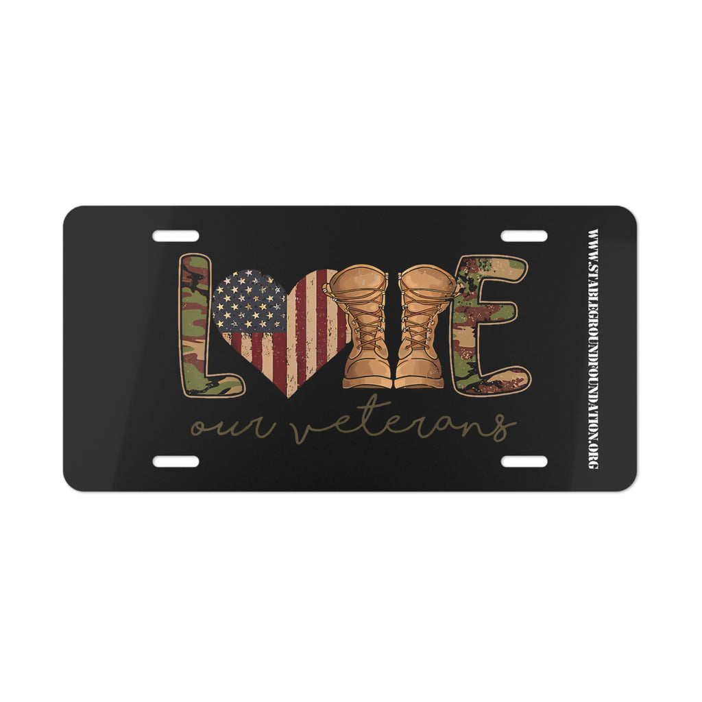 Love Our Veterans – Black Patriotic Boots & Flag License Plate