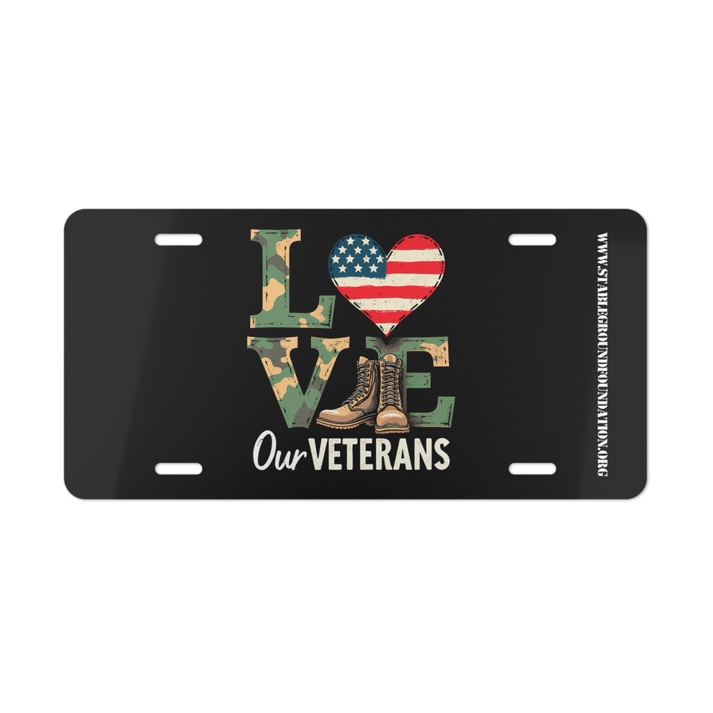Love Our Veterans – Black Camo Letters & Boots Patriotic License Plate