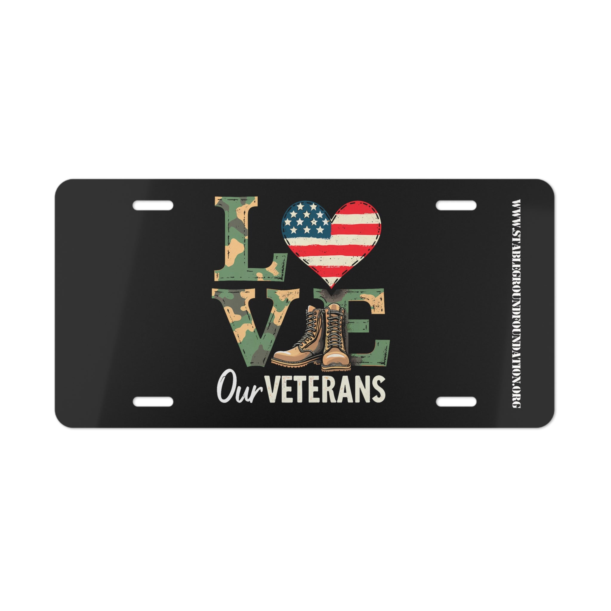 Love Our Veterans – Black Camo Letters & Boots Patriotic License Plate