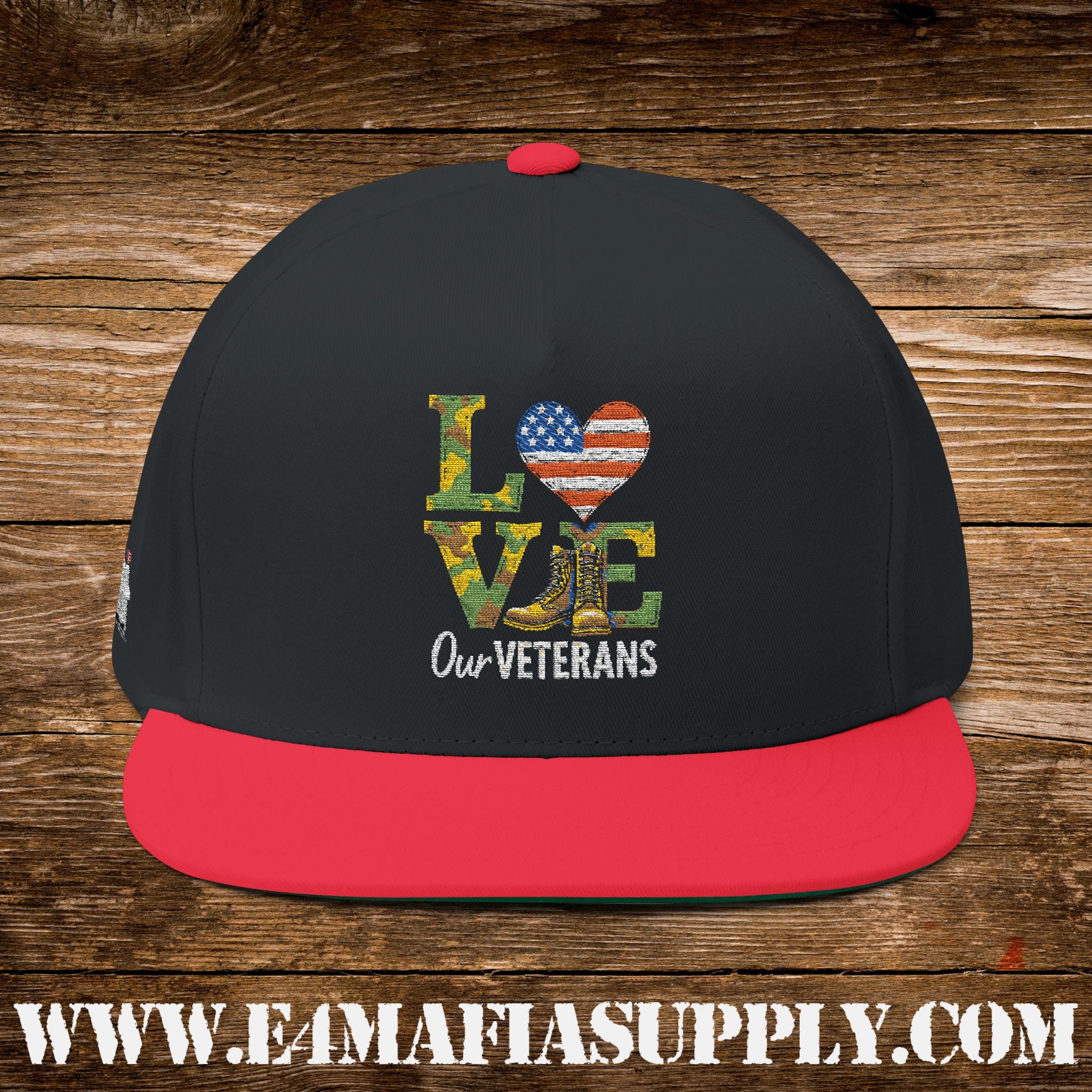 Patriotic “Love Our Veterans” Flat Bill Cap with Camo Letters and American Flag Heart