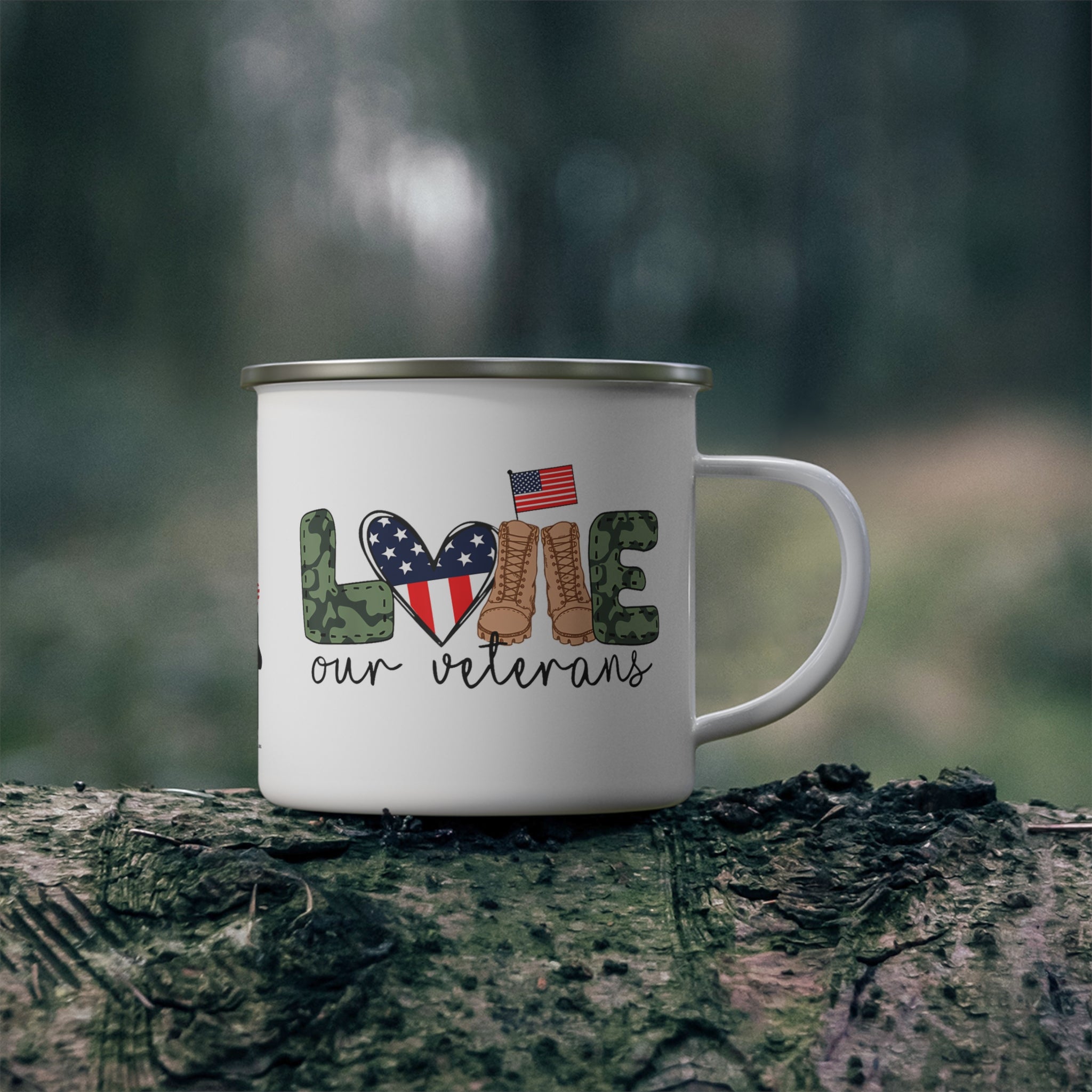 Love Our Veterans Coffee Cup – Patriotic Boots & Flag Design