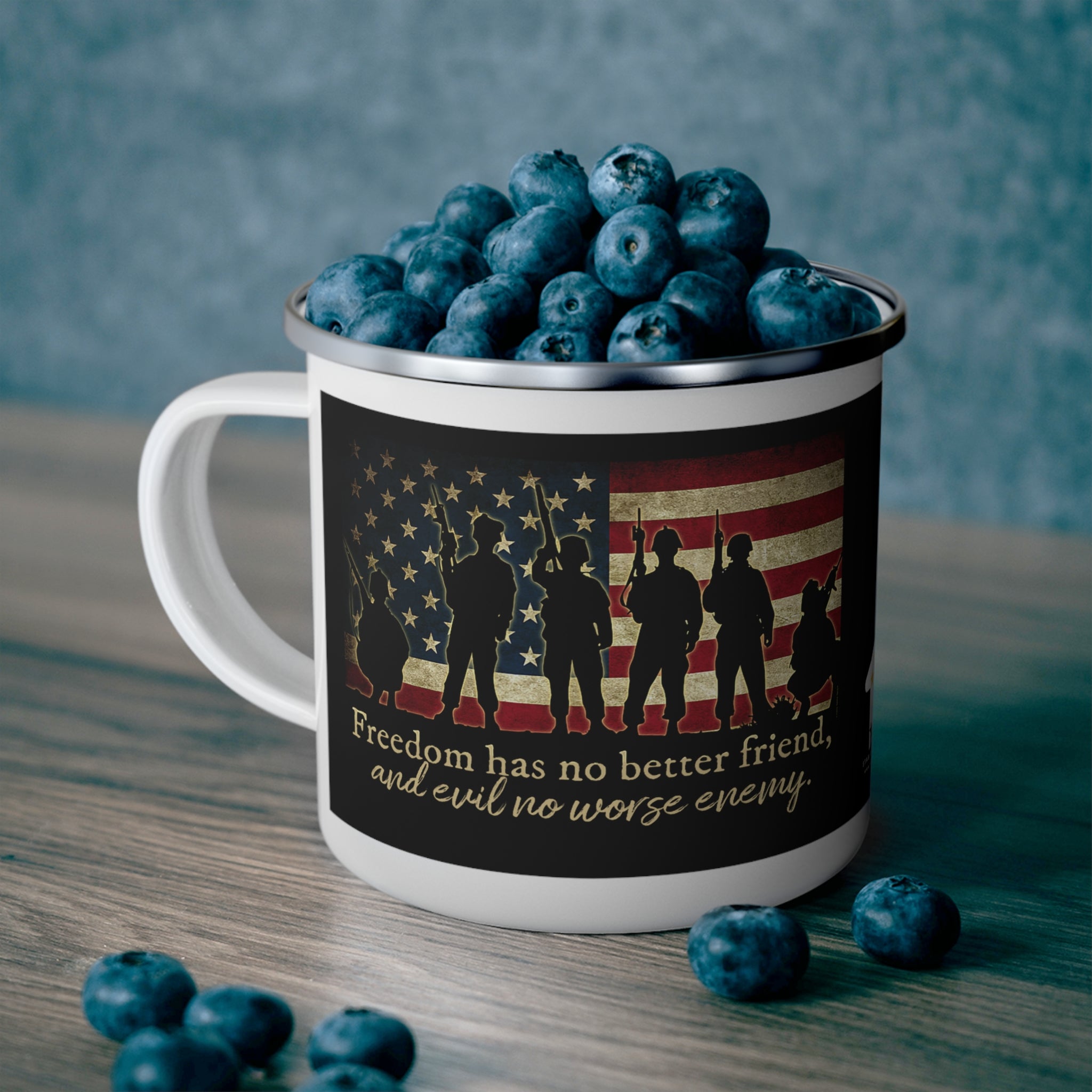 Freedom Has No Better Friend Enamel Mug – Patriotic Soldiers Coffee Cup