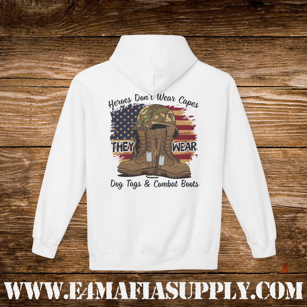 Copy of “Heroes Don’t Wear Capes – They Wear Dog Tags & Combat Boots” Patriotic Military Hoodie