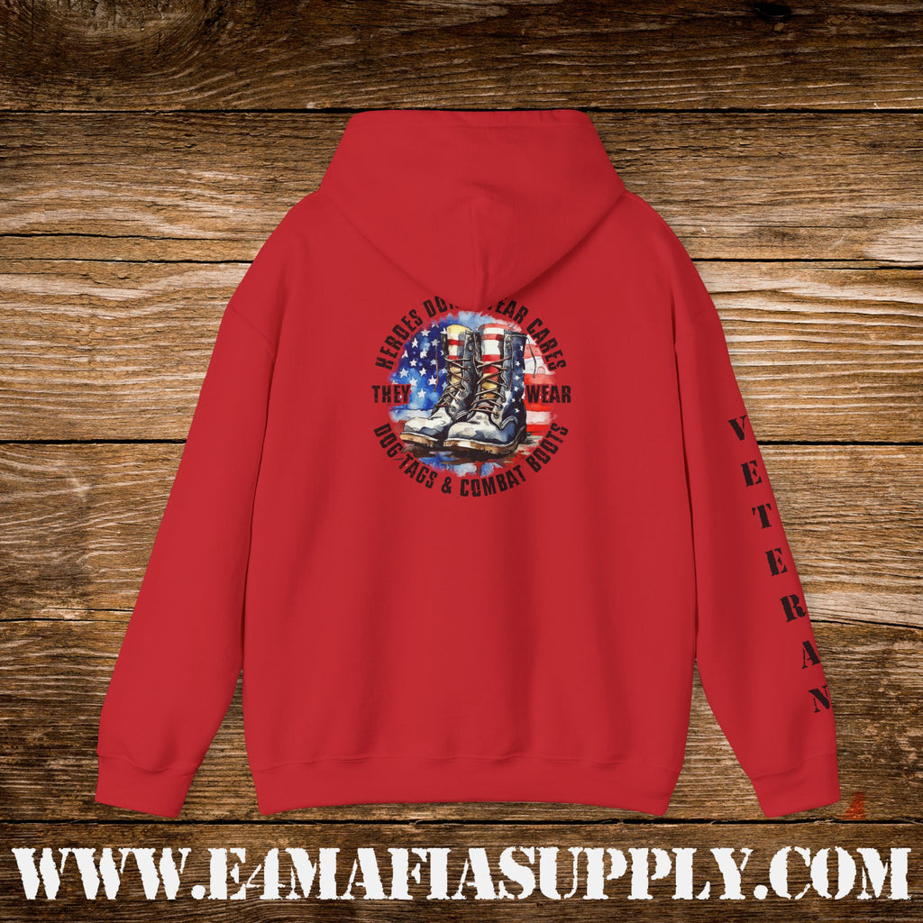 “Heroes Don’t Wear Capes – They Wear Dog Tags & Combat Boots” Patriotic Veteran Sleeve Hoodie