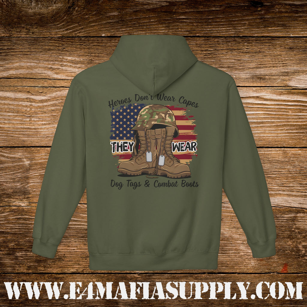 Copy of “Heroes Don’t Wear Capes – They Wear Dog Tags & Combat Boots” Patriotic Military Hoodie