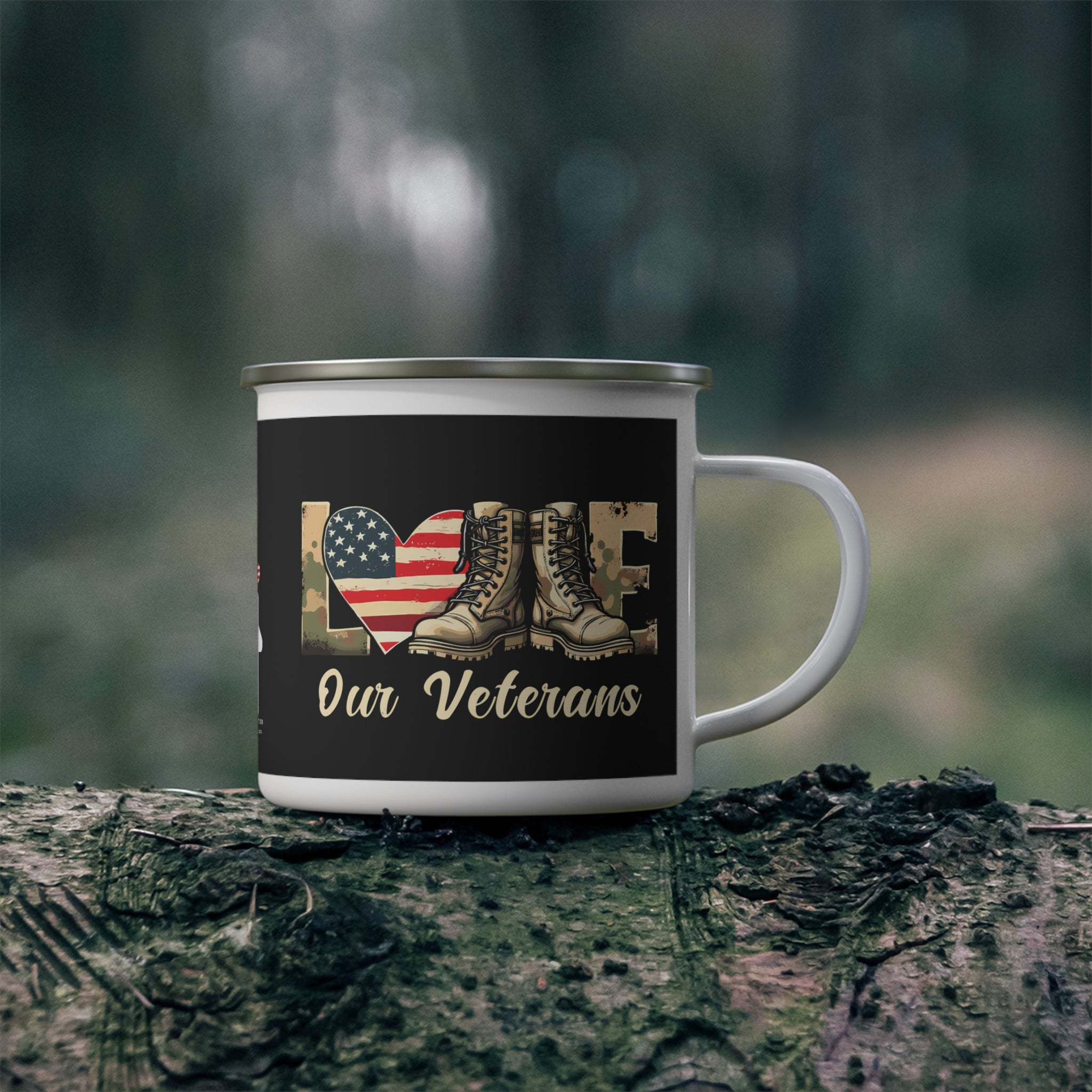 “Love Our Veterans” Enamel Mug with American Flag Heart and Combat Boots Design