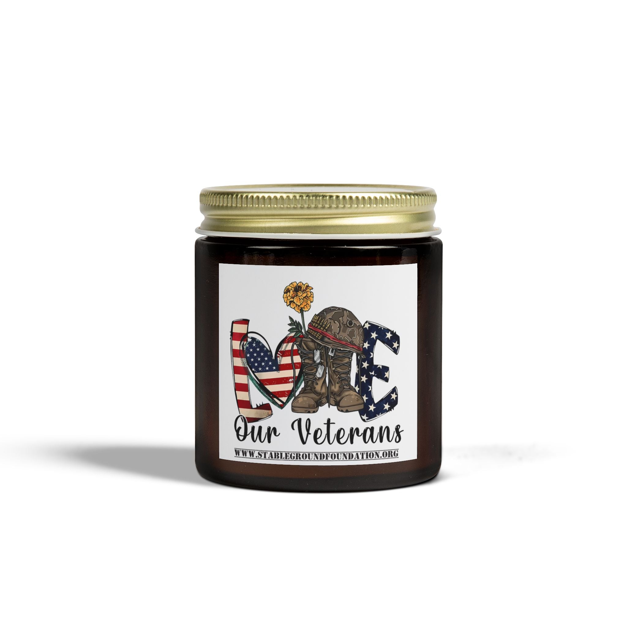 Love Our Veterans Candle – Military Boots & Helmet Patriotic Candle