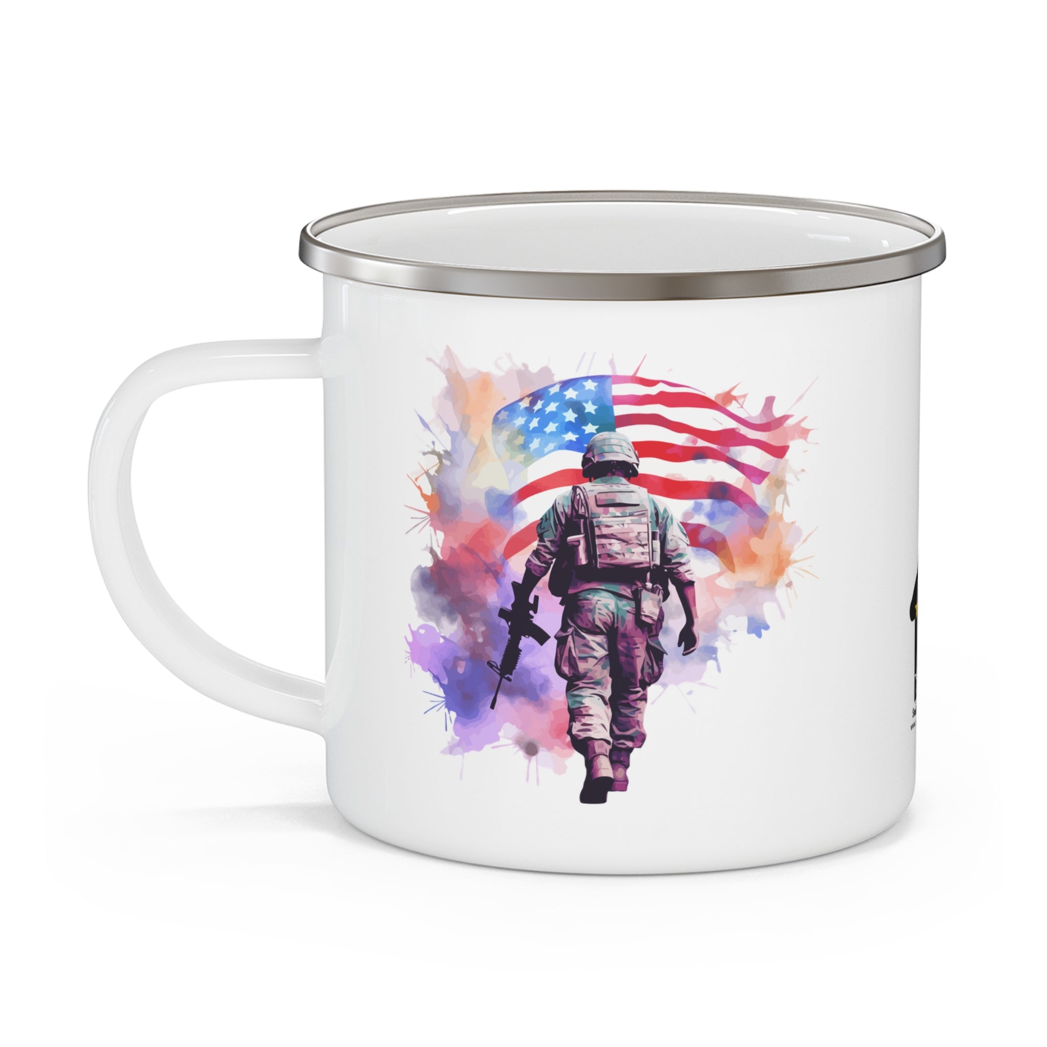 White Watercolor Soldier Coffee Cup – Patriotic Flag Tribute Enamel Cup