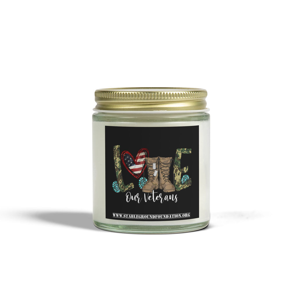 Love Our Veterans Candle – Rustic Camo Heart & Boots Patriotic Tribute Candle