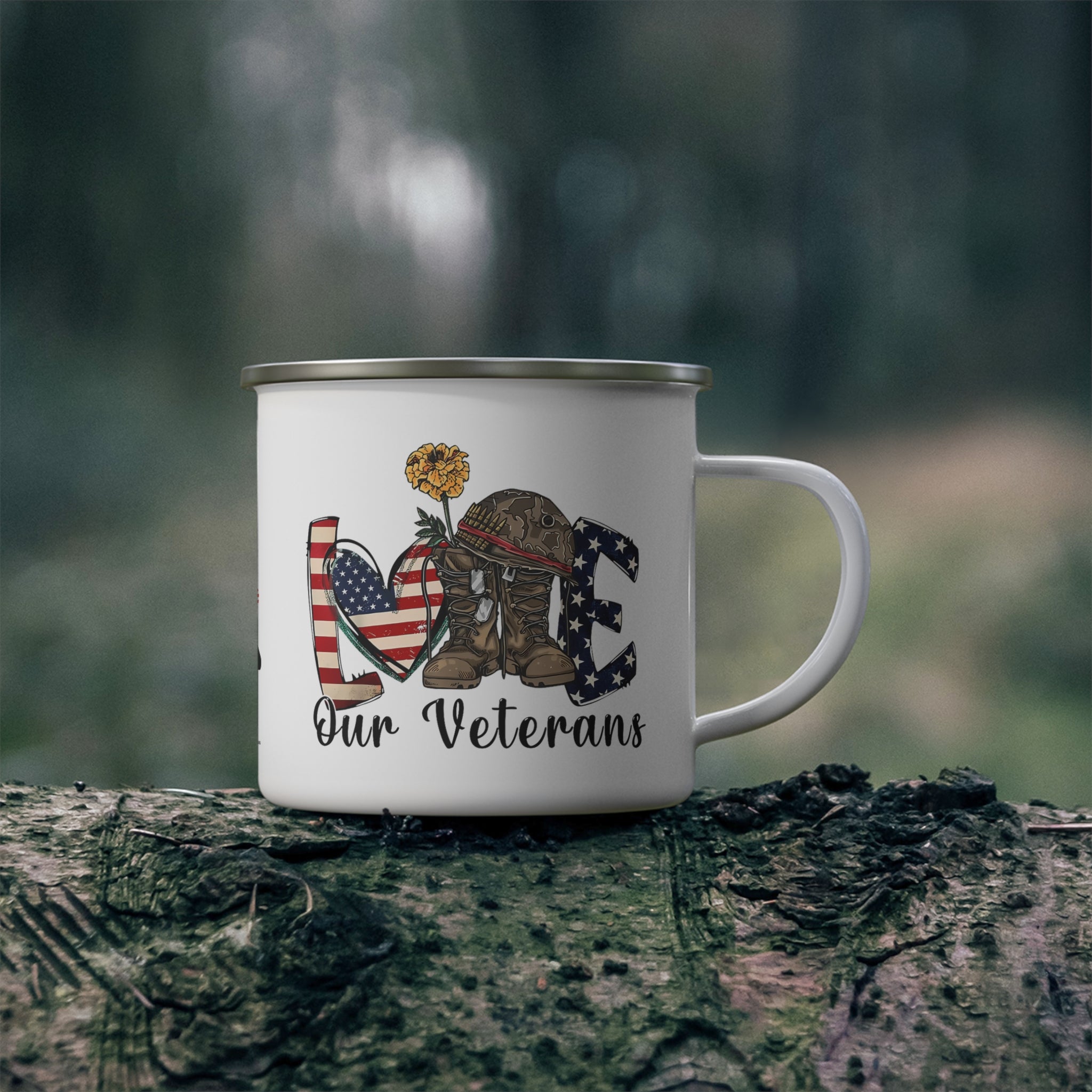“Love Our Veterans” Enamel Mug with American Flag Heart, Helmet, Boots, and Yellow Flower