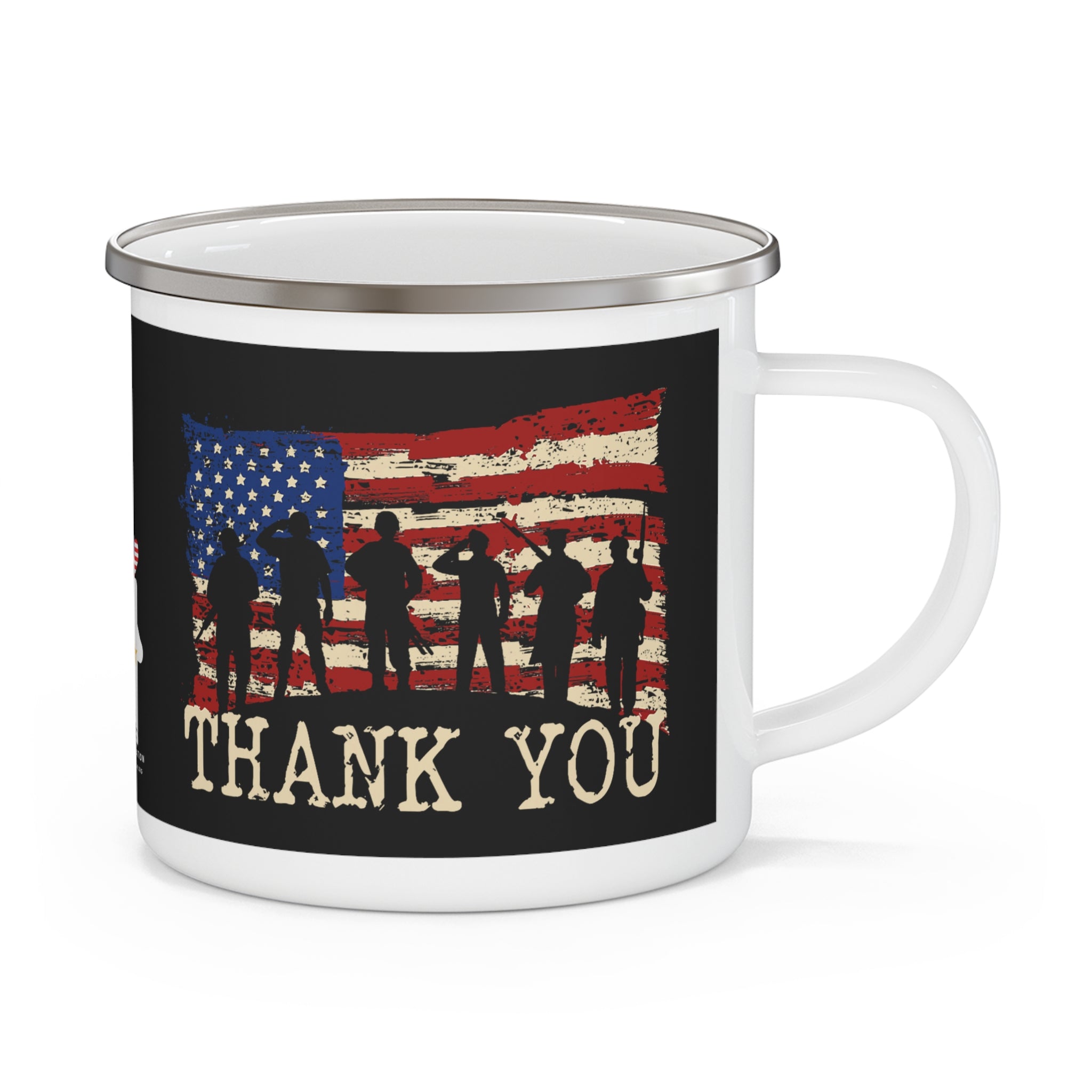 Thank You Veterans Coffee Cup – Patriotic Flag & Silhouette Enamel Cup