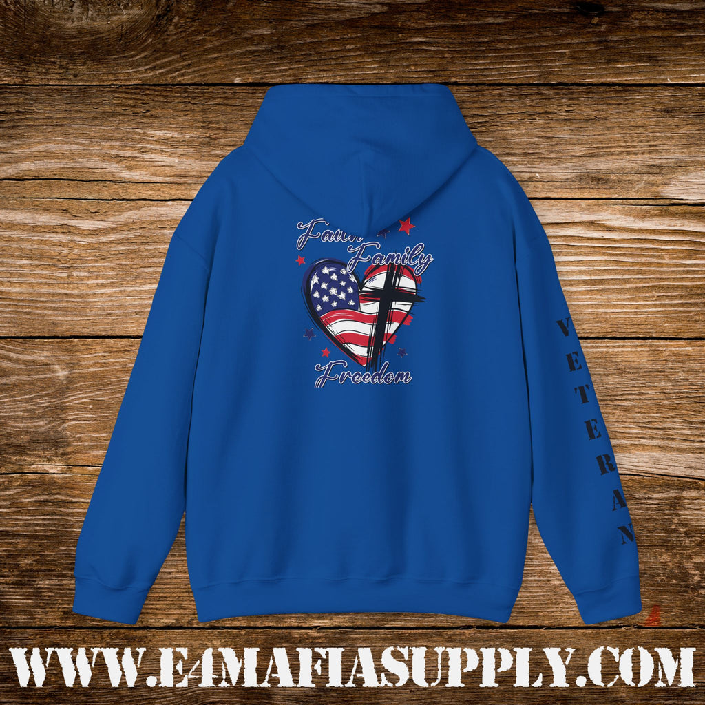 “Faith Family Freedom” American Flag Heart Patriotic Veteran Hoodie