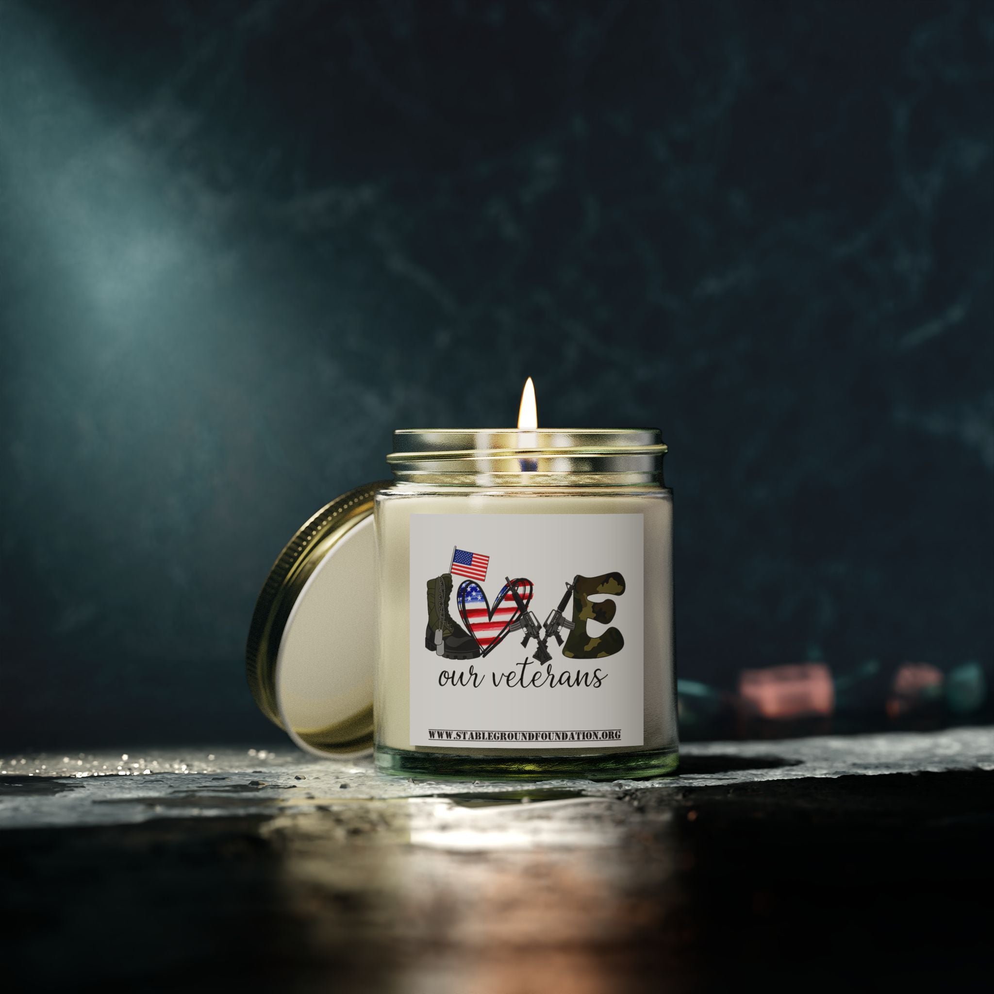 Love Our Veterans Candle – Simple Camo Patriotic Candle Honoring Heroes
