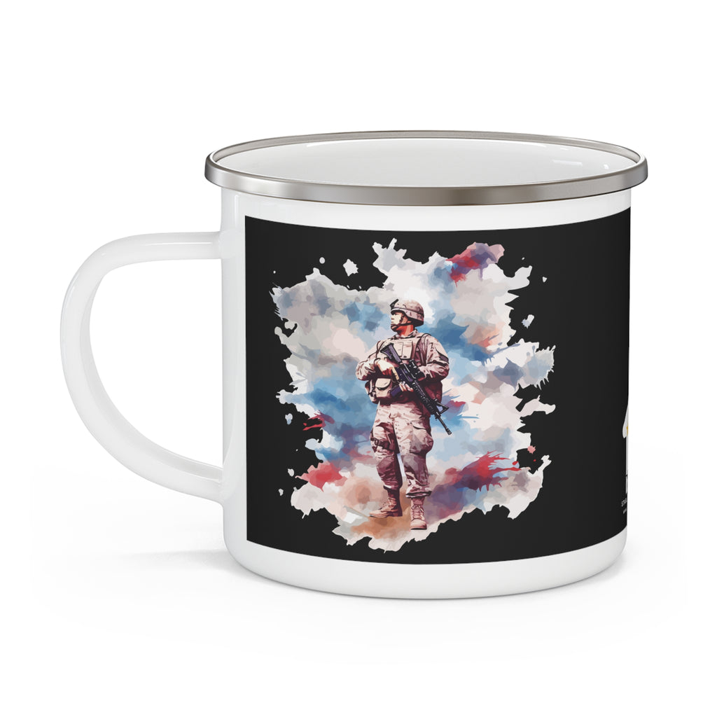 Watercolor Soldier Reflection Coffee Cup – Patriotic Tribute Enamel Cup