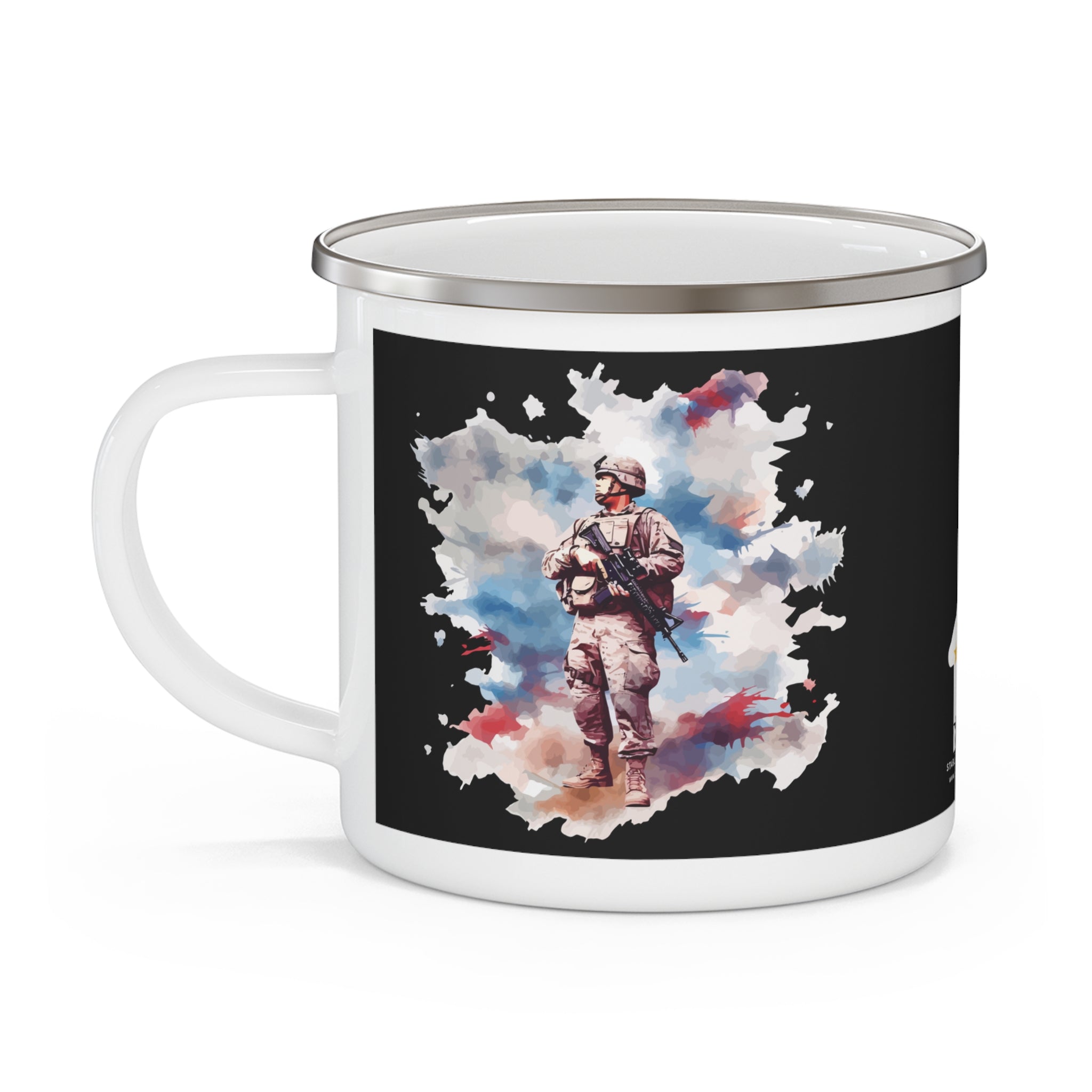 Watercolor Soldier Reflection Coffee Cup – Patriotic Tribute Enamel Cup