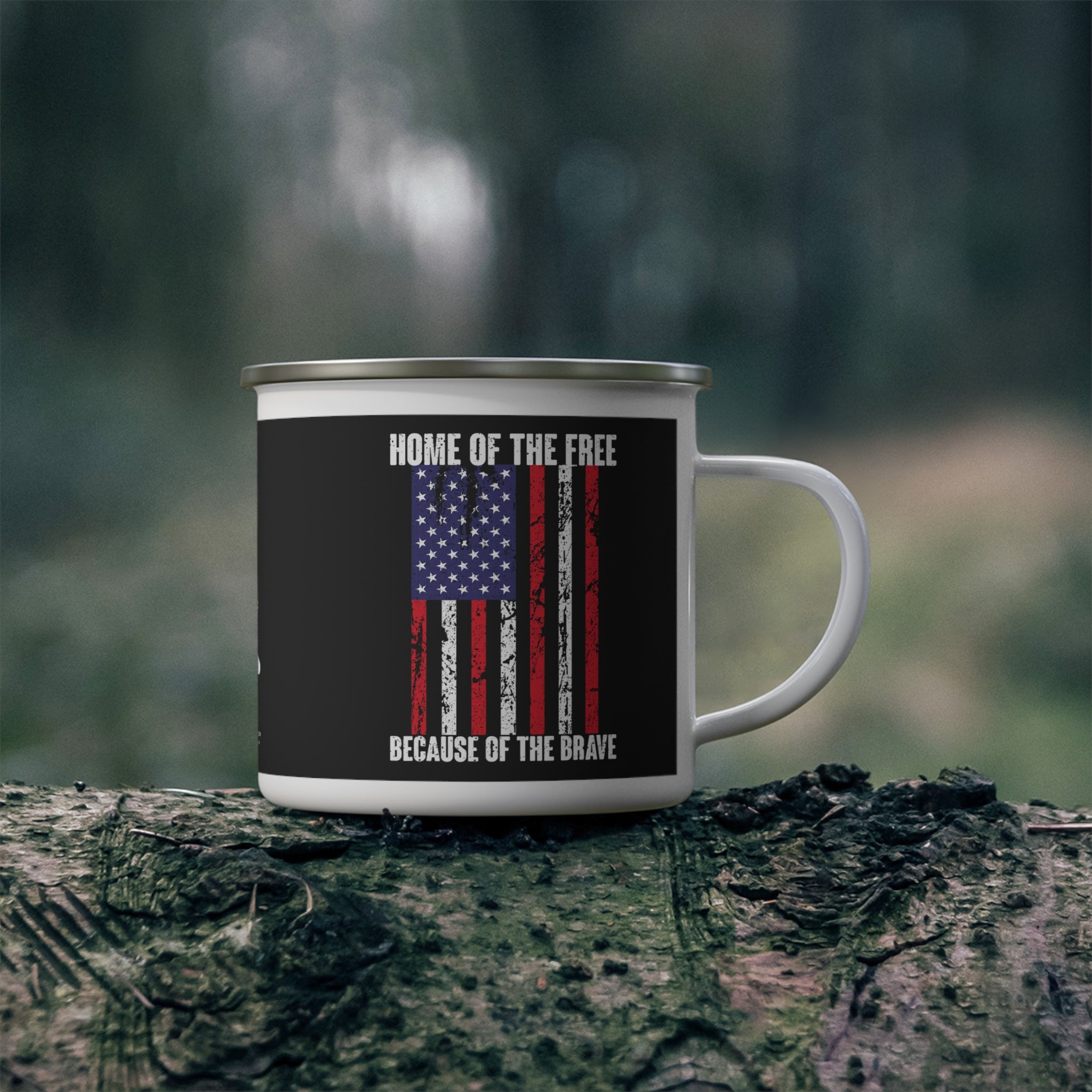 Home of the Free Because of the Brave Enamel Mug – Patriotic American Flag Coffee Cup