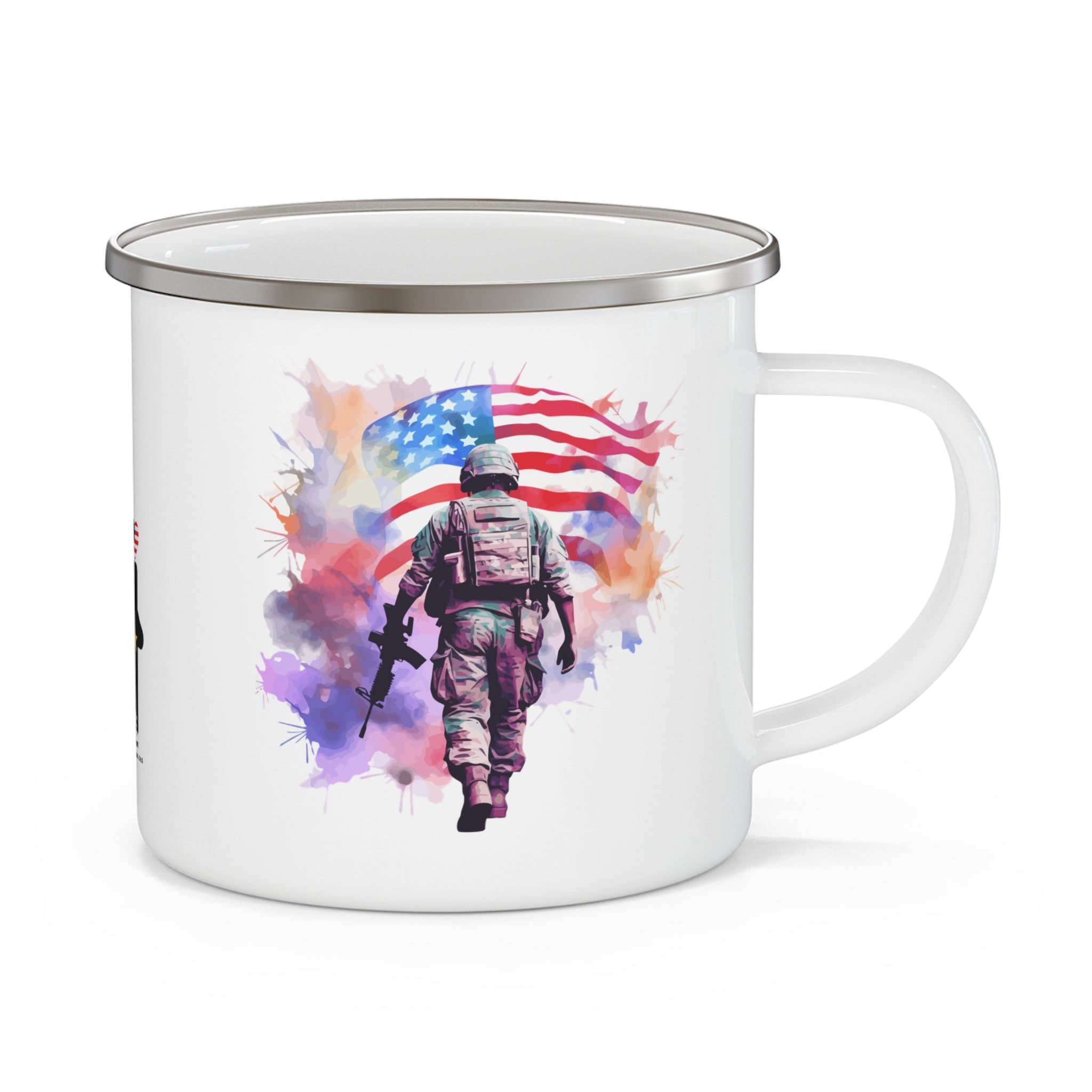White Watercolor Soldier Coffee Cup – Patriotic Flag Tribute Enamel Cup