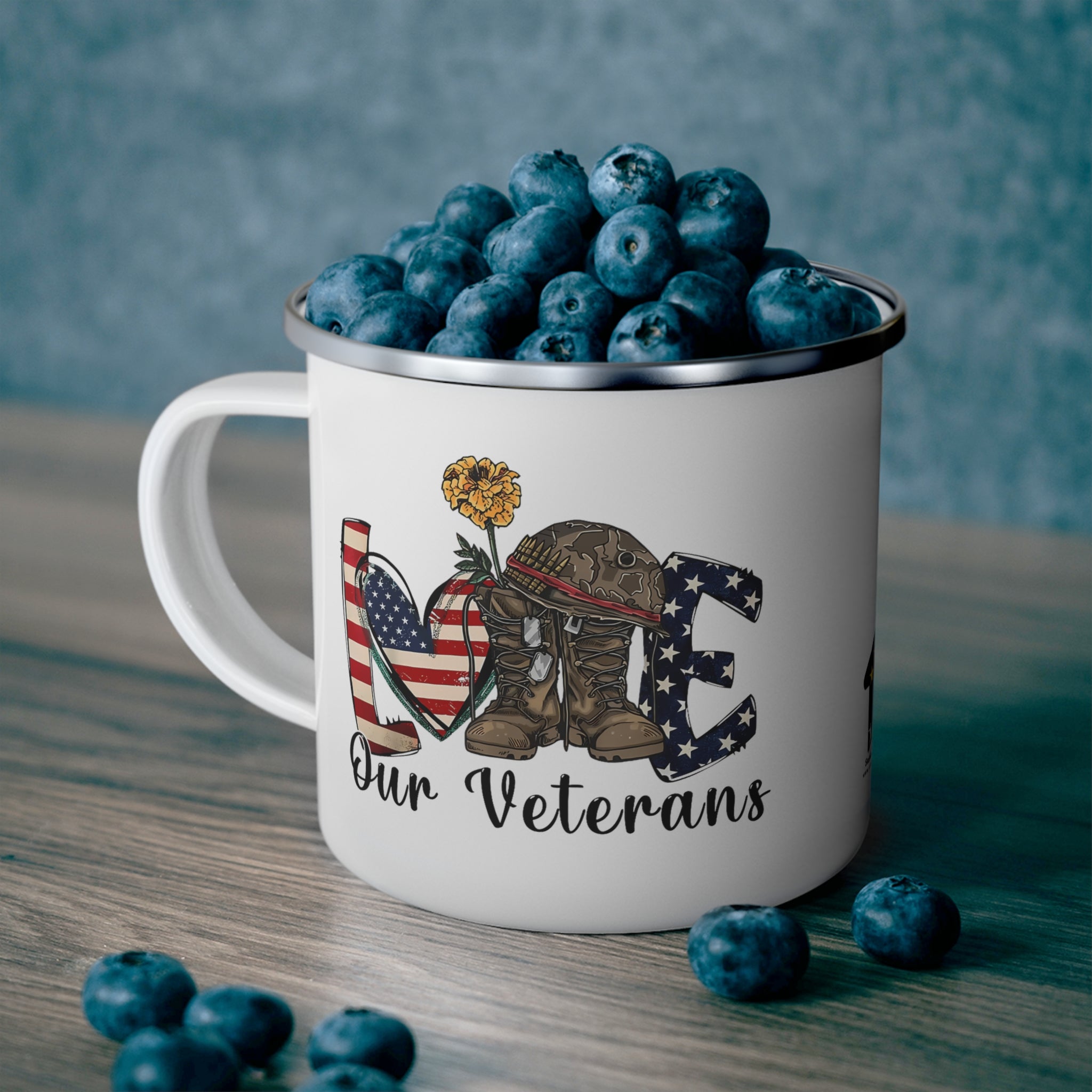 “Love Our Veterans” Enamel Mug with American Flag Heart, Helmet, Boots, and Yellow Flower