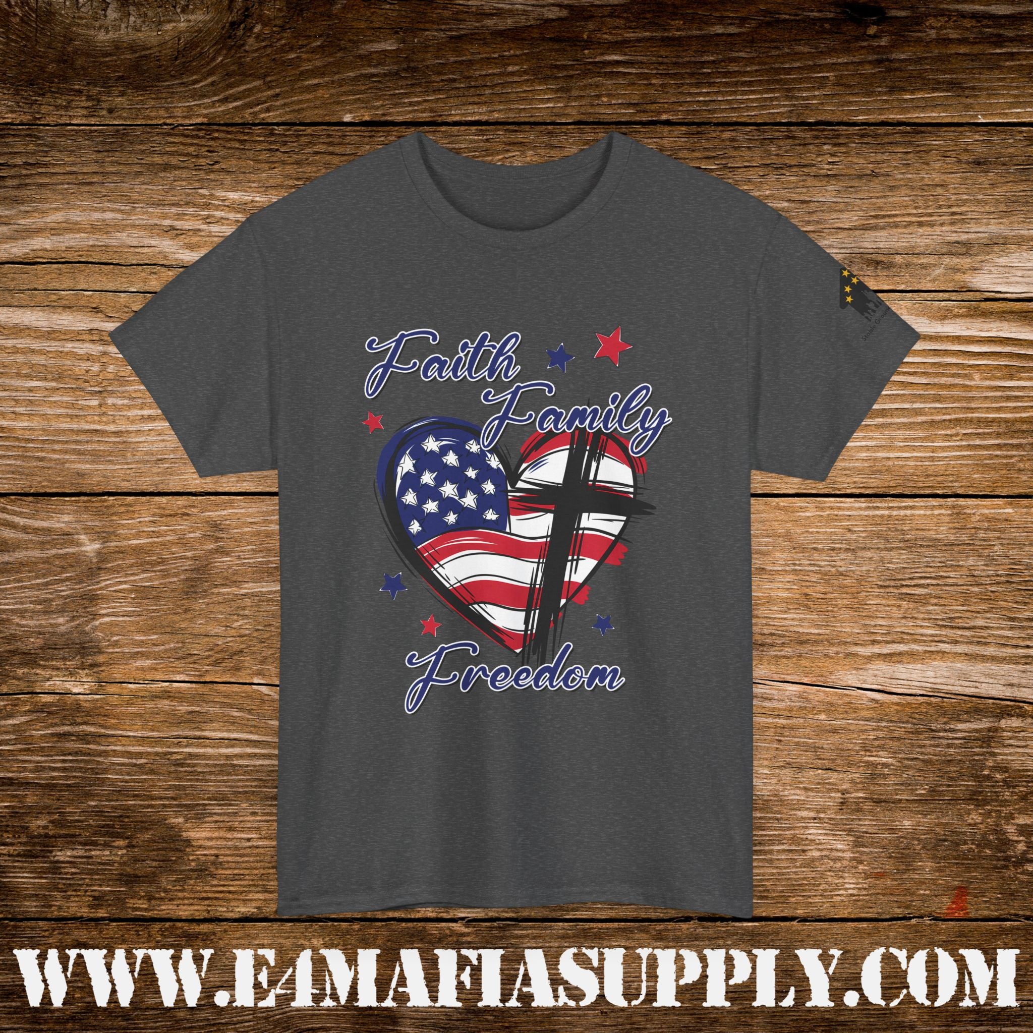 “Faith, Family, Freedom” – Patriotic American Flag & Cross T-Shirt