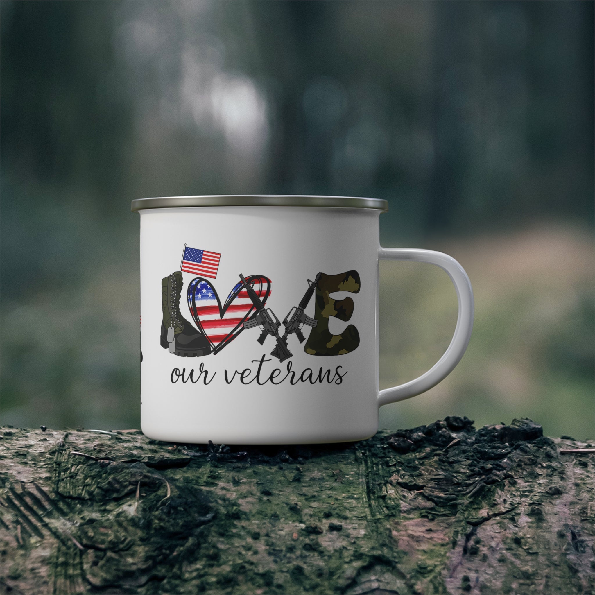 “Love Our Veterans” Enamel Mug with American Flag Heart, Rifle, and Camo Lettering