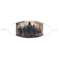 Patriotic face mask featuring soldiers in formation against American flag background symbolizing veteran pride and unity.