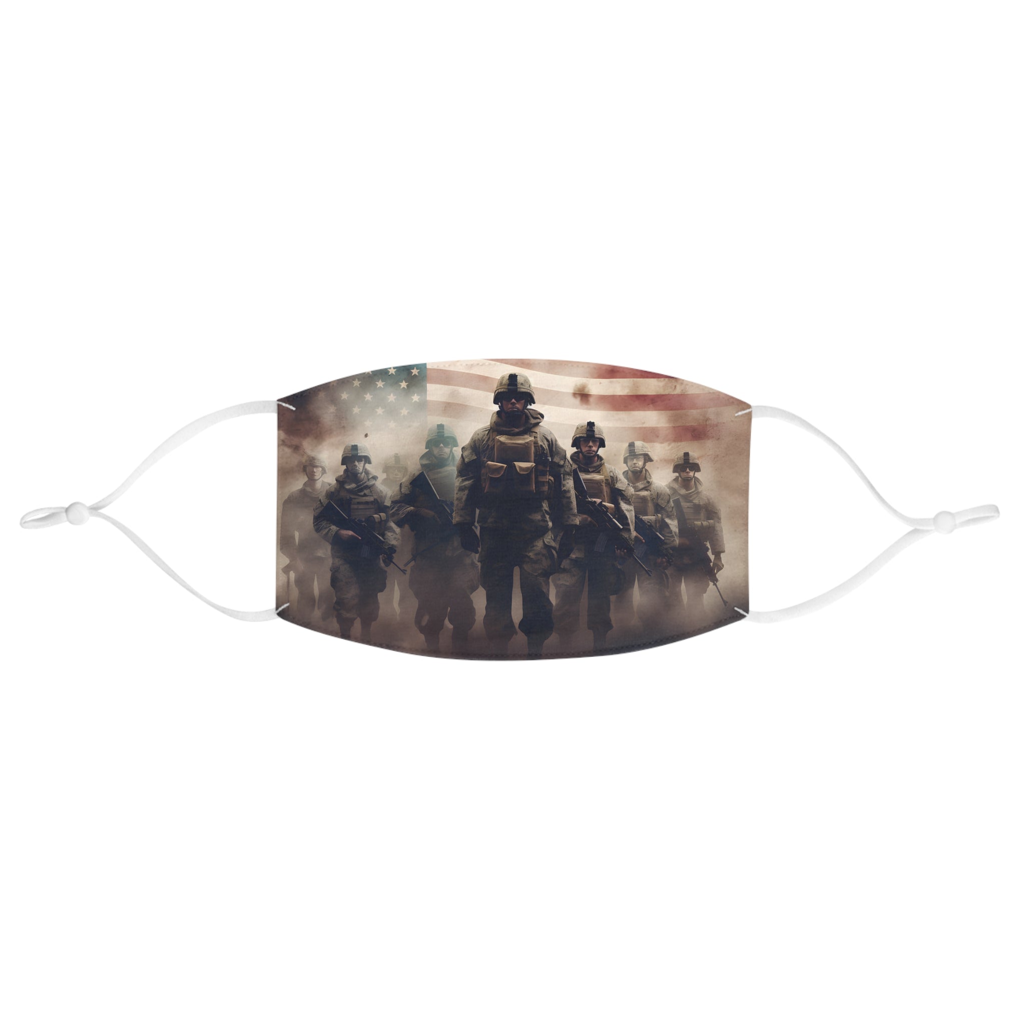 Patriotic face mask featuring soldiers in formation against American flag background symbolizing veteran pride and unity.