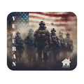Mouse pad with American flag and group of soldiers in formation honoring veterans.