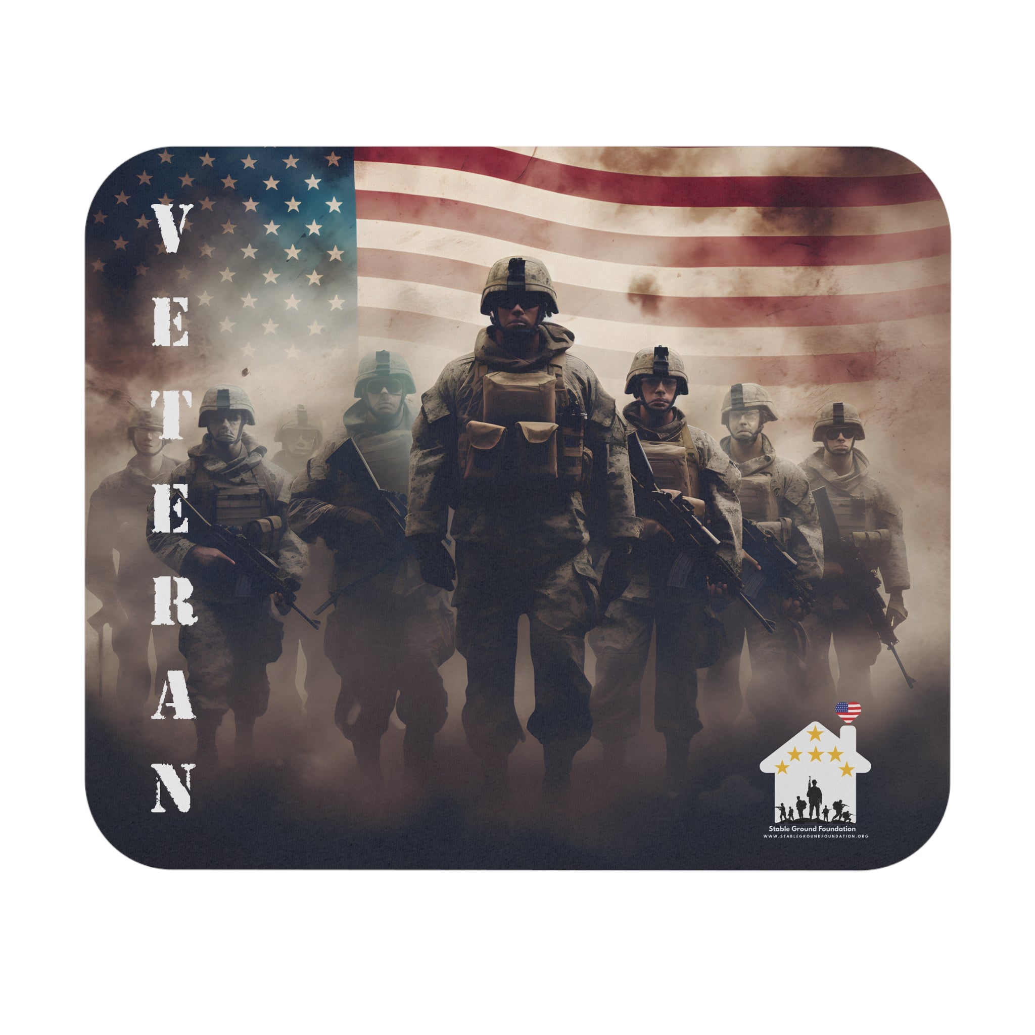 Mouse pad with American flag and group of soldiers in formation honoring veterans.