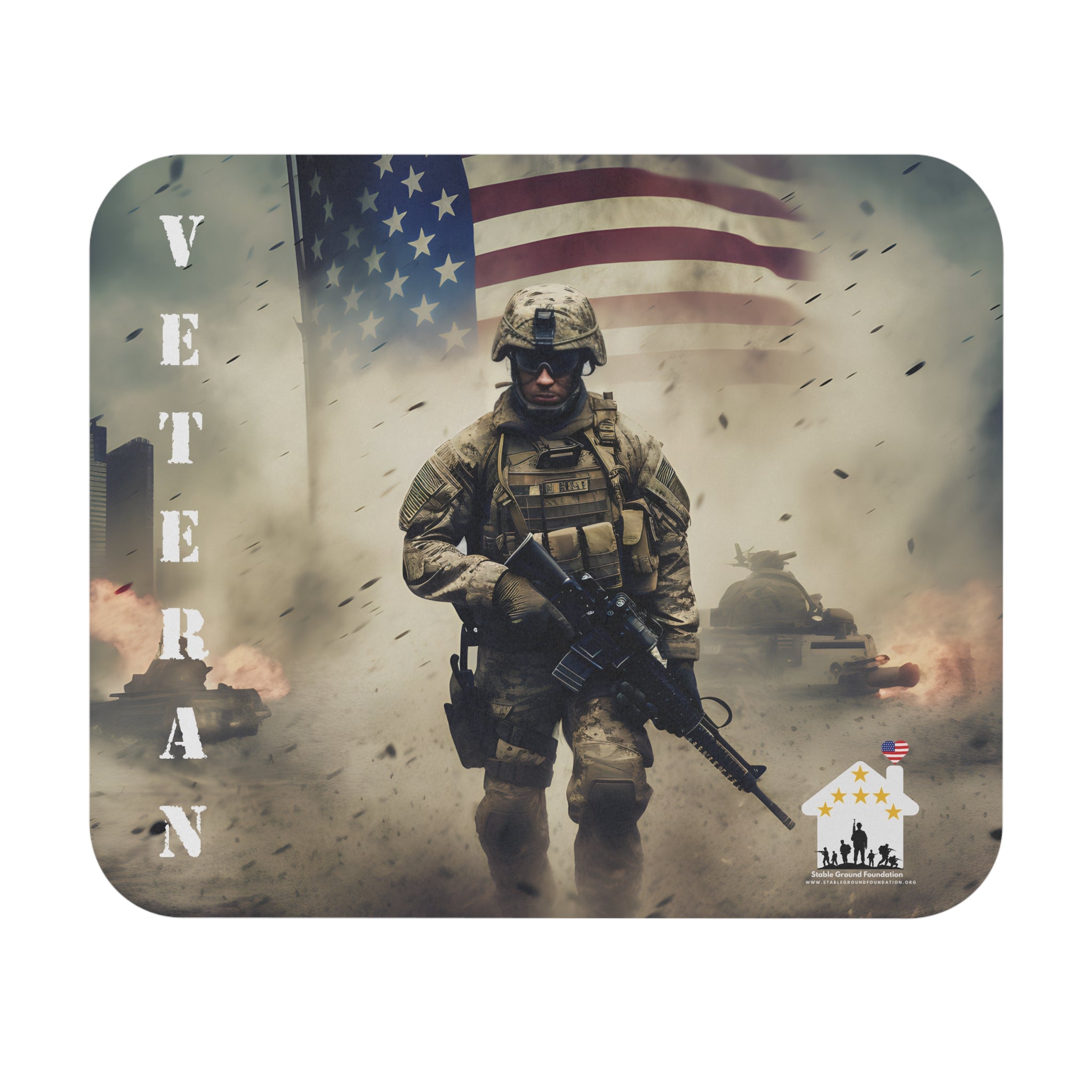Mouse pad featuring U.S. soldier walking through battlefield with American flag and tanks in the background, honoring veterans.