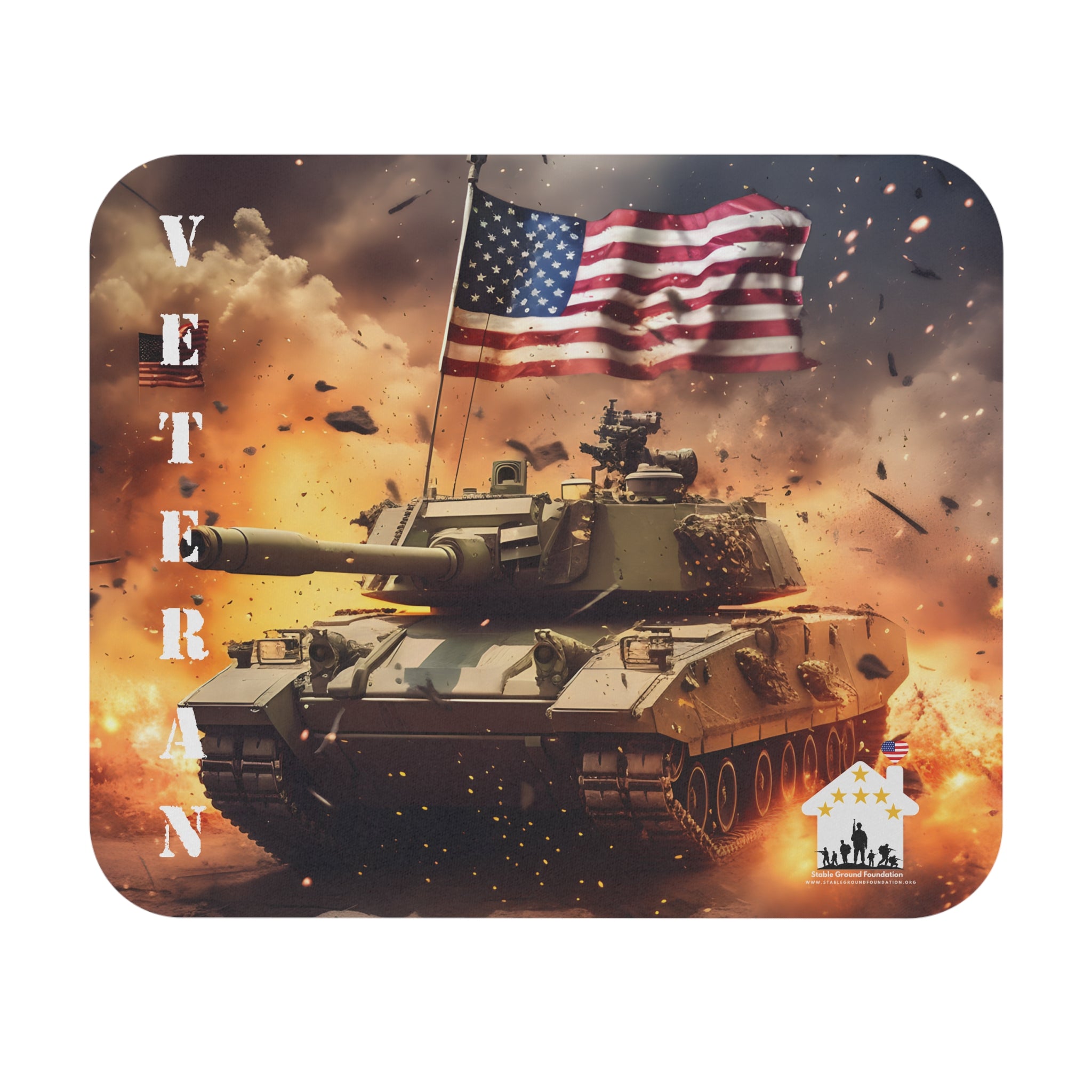 Mouse pad featuring military tank with American flag and explosion background honoring veterans.