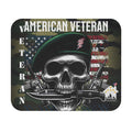 American Veteran mouse pad featuring skull in green beret biting a knife with American flag and camo background.