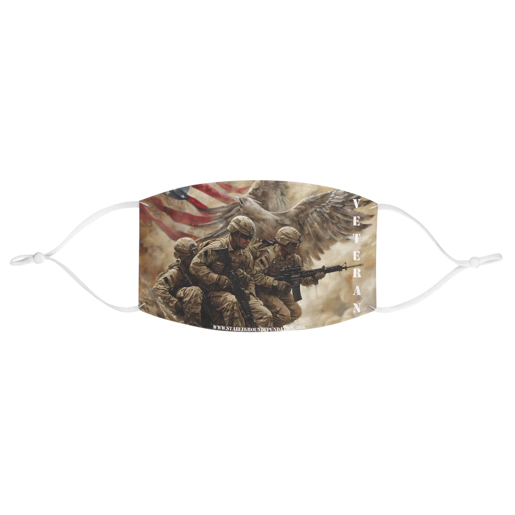 Patriotic face mask featuring soldiers with angel wings and American flag background symbolizing veteran courage and sacrifice.