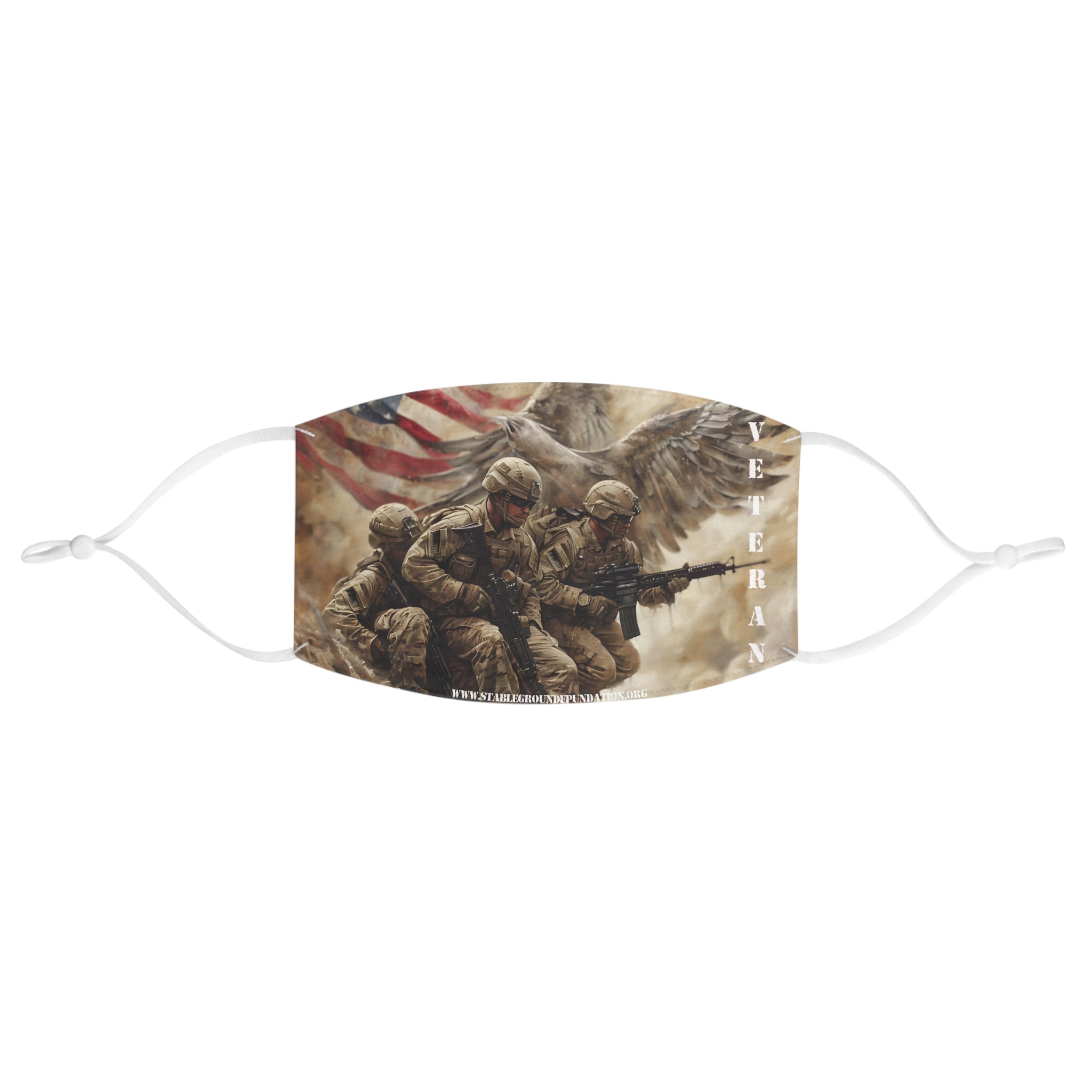 Patriotic face mask featuring soldiers with angel wings and American flag background symbolizing veteran courage and sacrifice.
