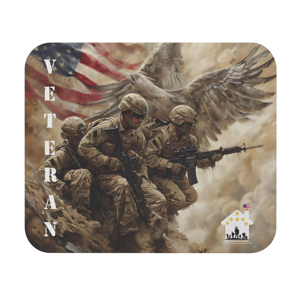 Mouse pad featuring American soldiers in combat with eagle wings and American flag symbolizing freedom and veteran pride.