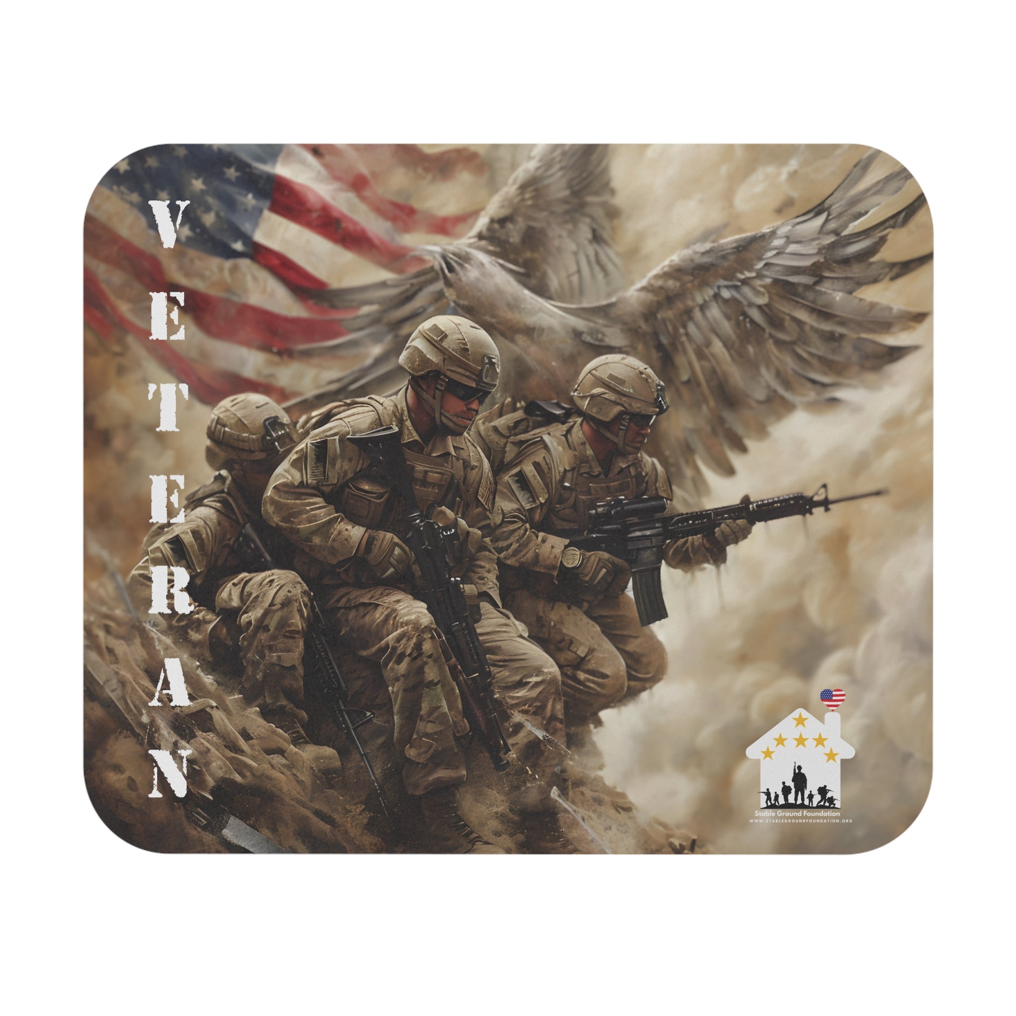 Mouse pad featuring American soldiers in combat with eagle wings and American flag symbolizing freedom and veteran pride.