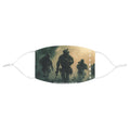 Patriotic face mask featuring soldiers walking through smoke on the battlefield with the word veteran on the side.