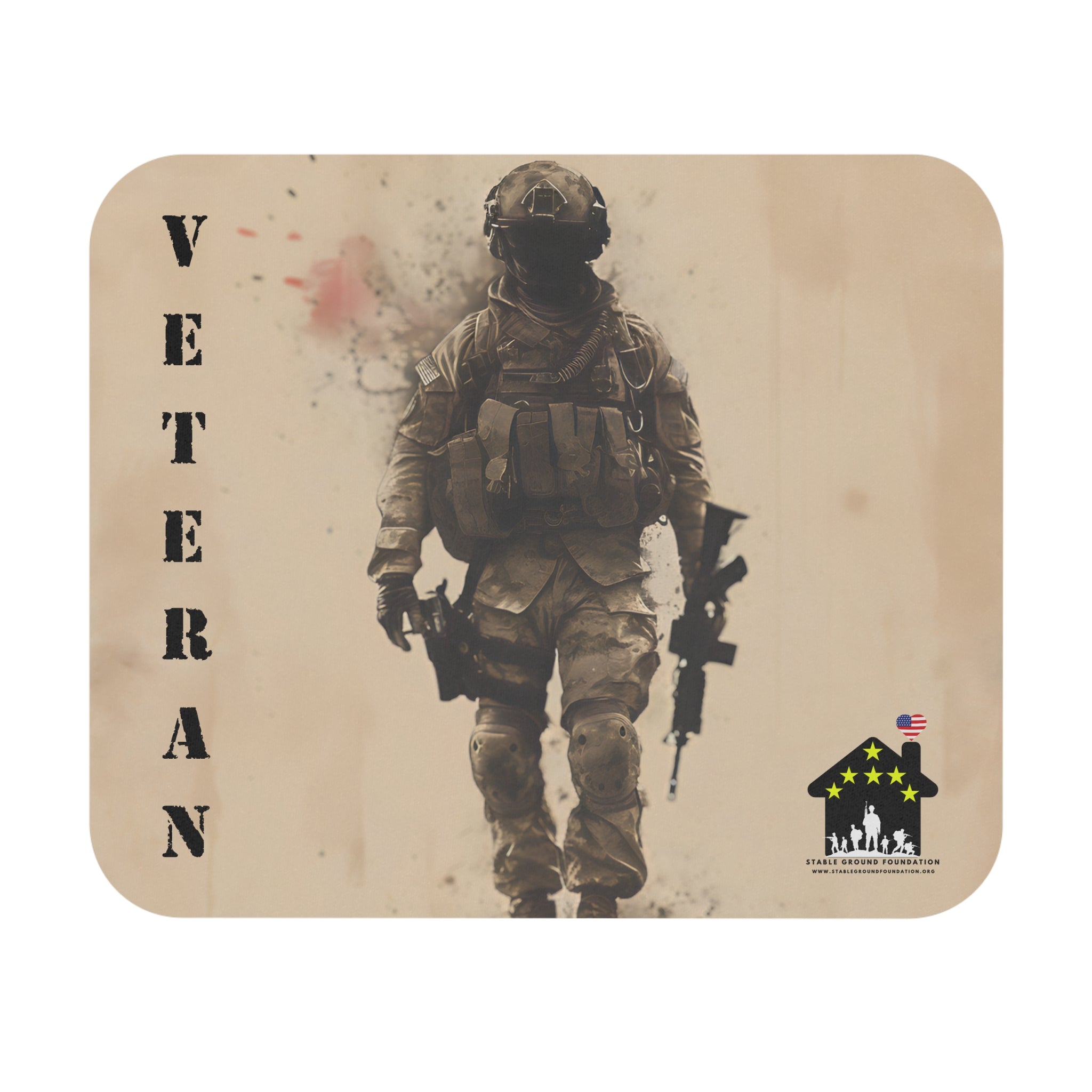 Mouse pad featuring modern soldier in desert combat gear walking forward with rifle symbolizing American veteran courage.