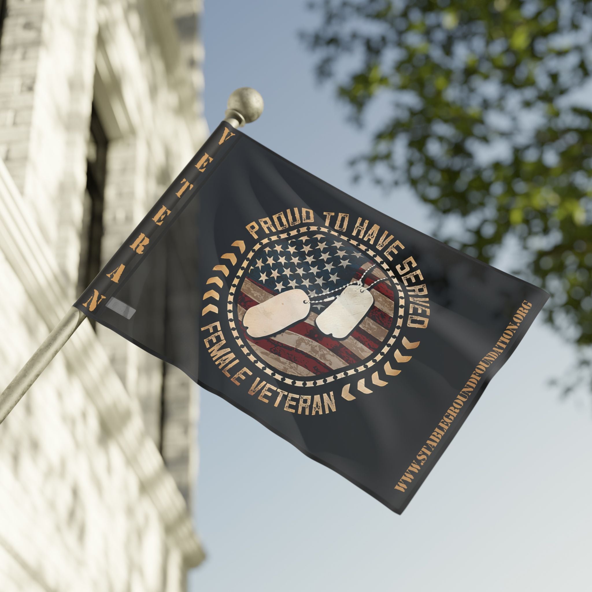 A patriotic flag featuring dog tags over an American flag with the text “Proud to Have Served — Female Veteran,” celebrating women’s military service and patriotism.