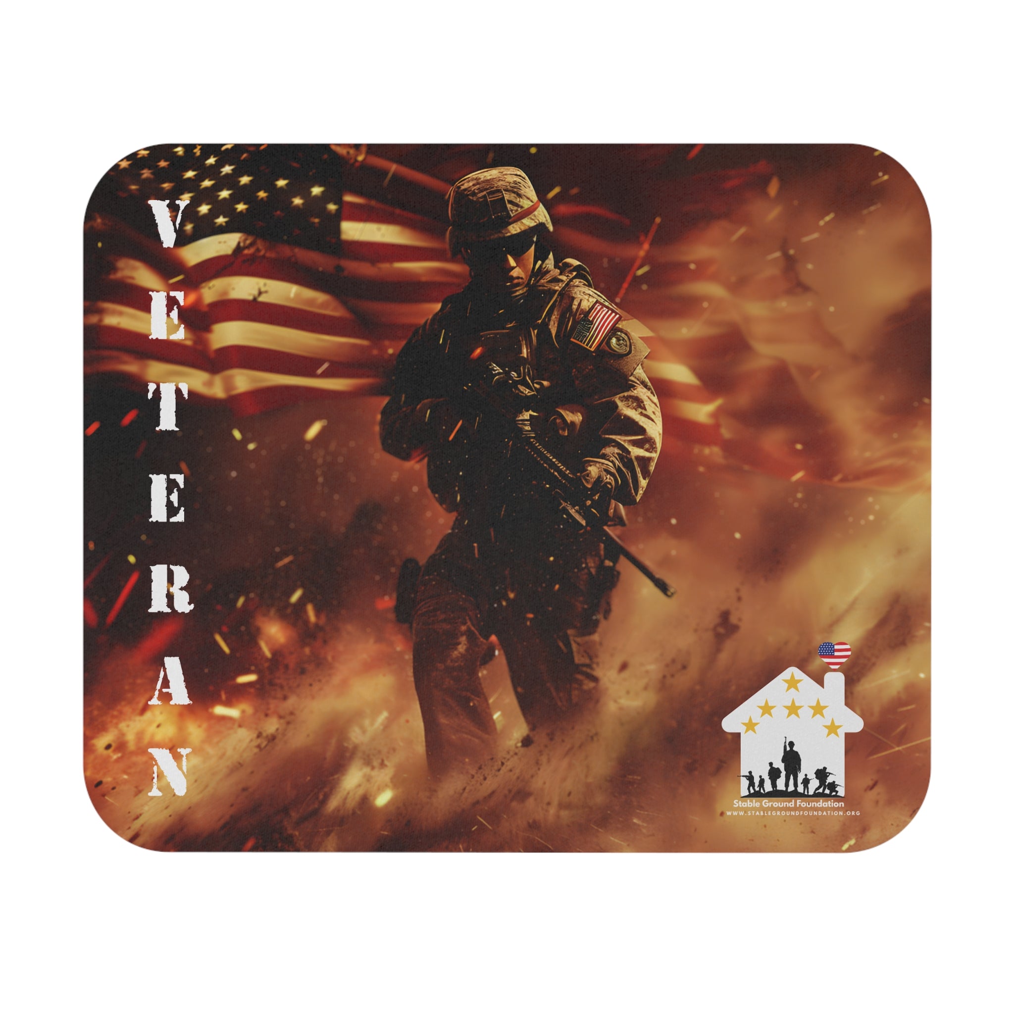 Mouse pad featuring soldier with American flag in a fiery battlefield background symbolizing strength and veteran pride.