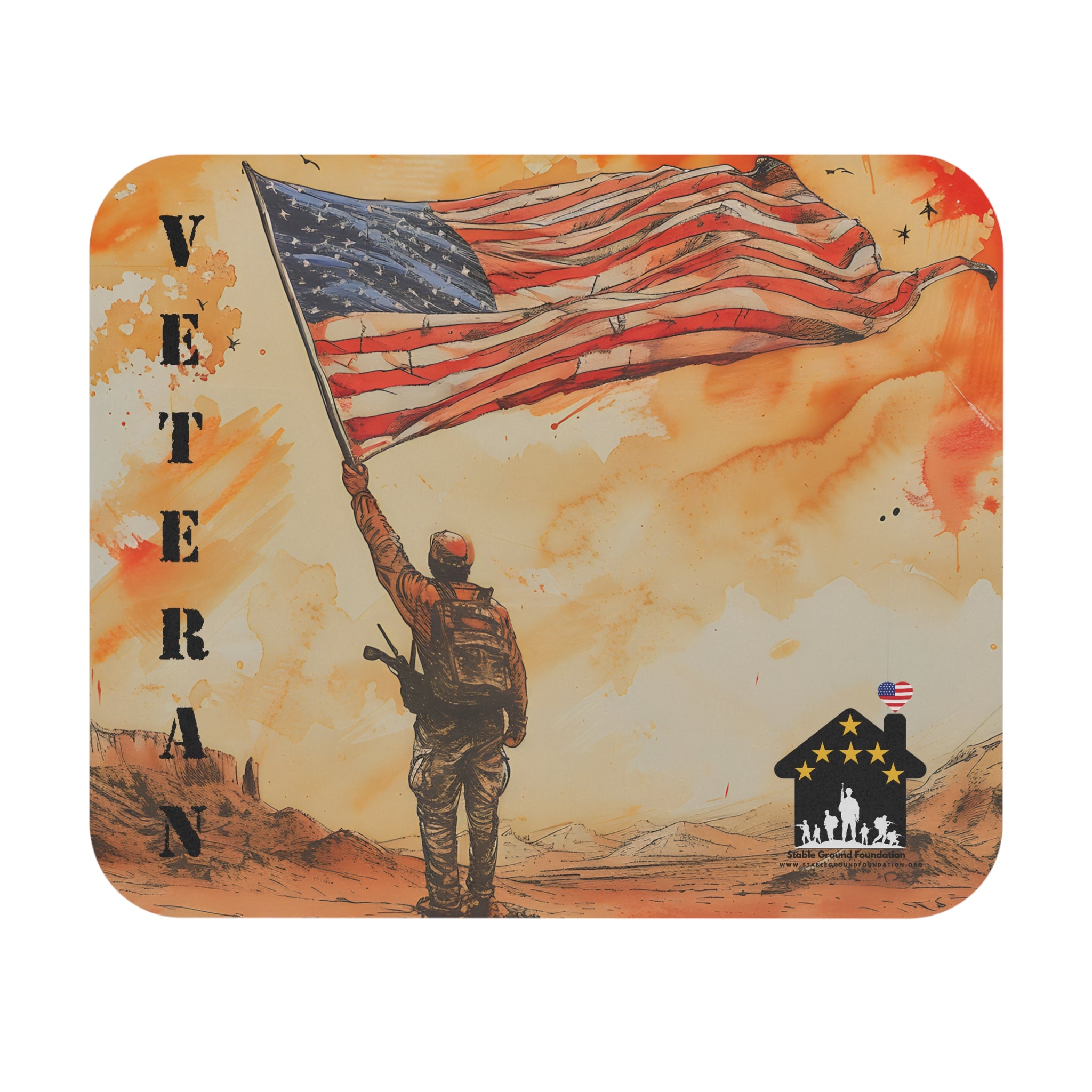 Mouse pad featuring a soldier raising the American flag in a desert landscape honoring veterans and patriotism