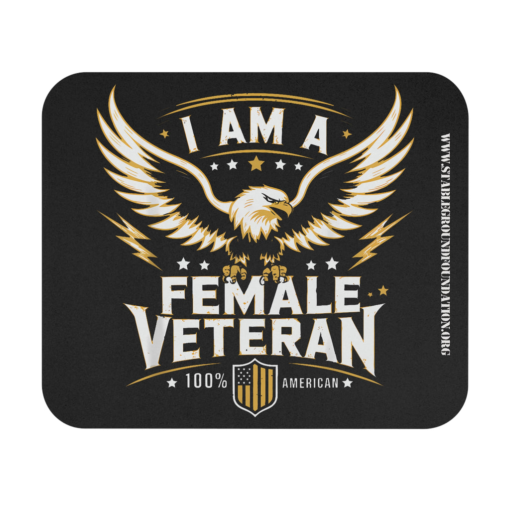 Black mouse pad with American eagle design, lightning bolts, and text that says I Am a Female Veteran 100% American.
