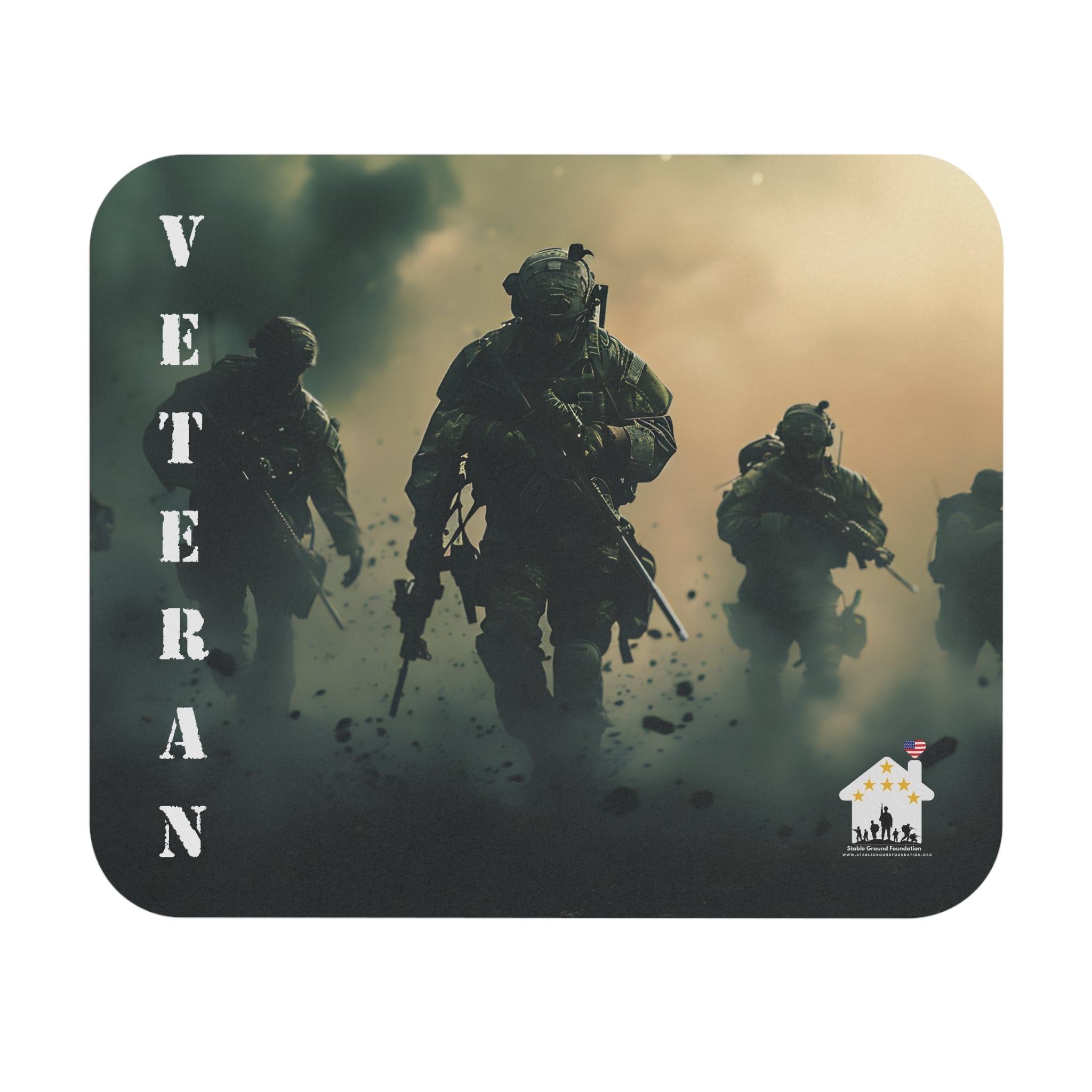 Mouse pad featuring U.S. soldiers walking through fog with muted American tones representing courage and veteran strength.
