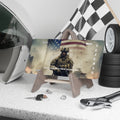 “Patriotic license plate featuring lone soldier standing before American flag with text veteran and stablegroundfoundation.org.”