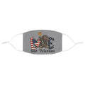Gray patriotic face mask with American flag LOVE letters and battlefield cross design that says Love Our Veterans.